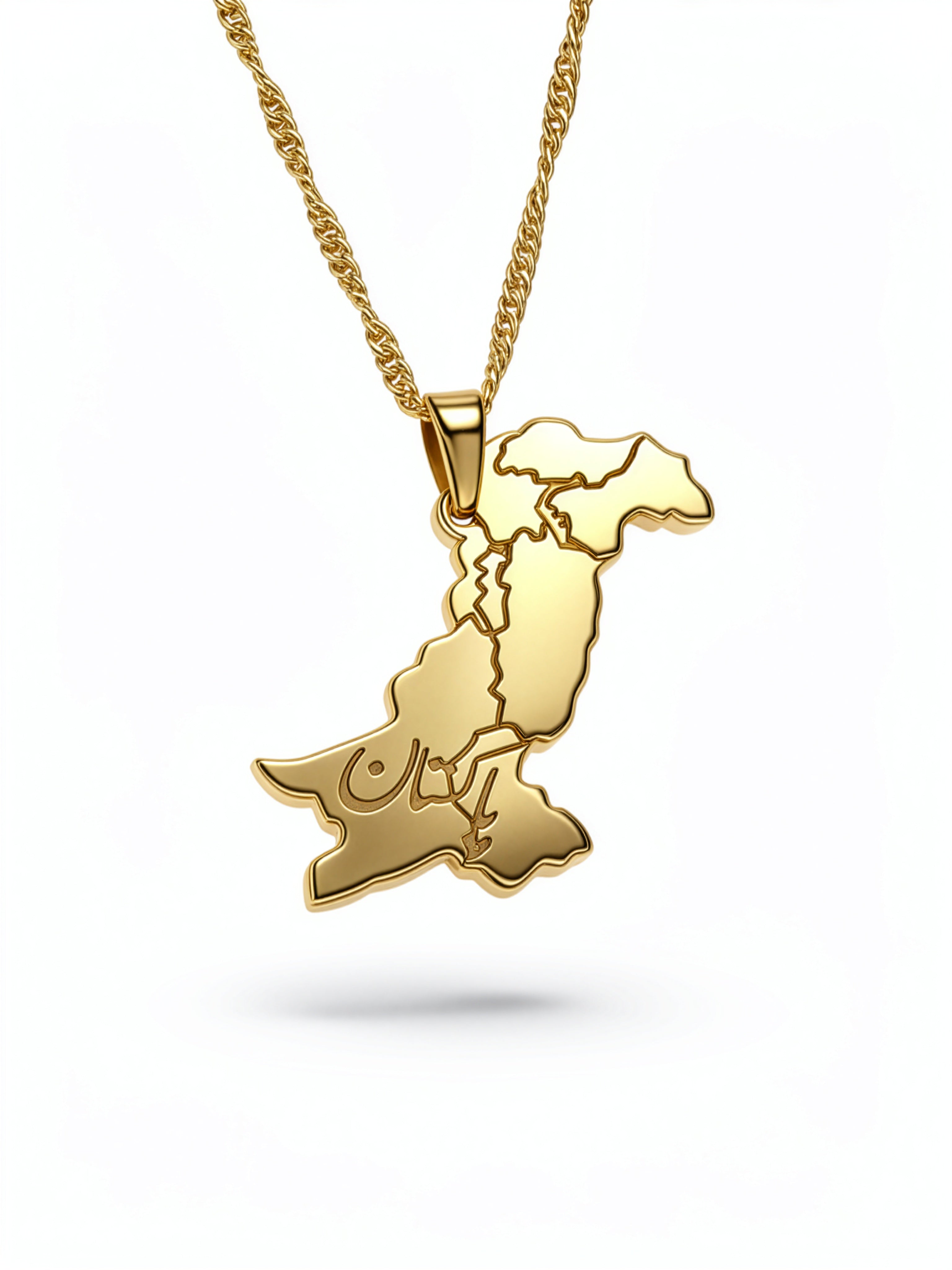 Gold plated Pakistan map necklace with Urdu lettering on a textured chain pendant celebrating Pakistani heritage