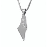 Silver plated Palestine map pendant necklace by KIRO UK featuring a geometric country outline on a textured chain