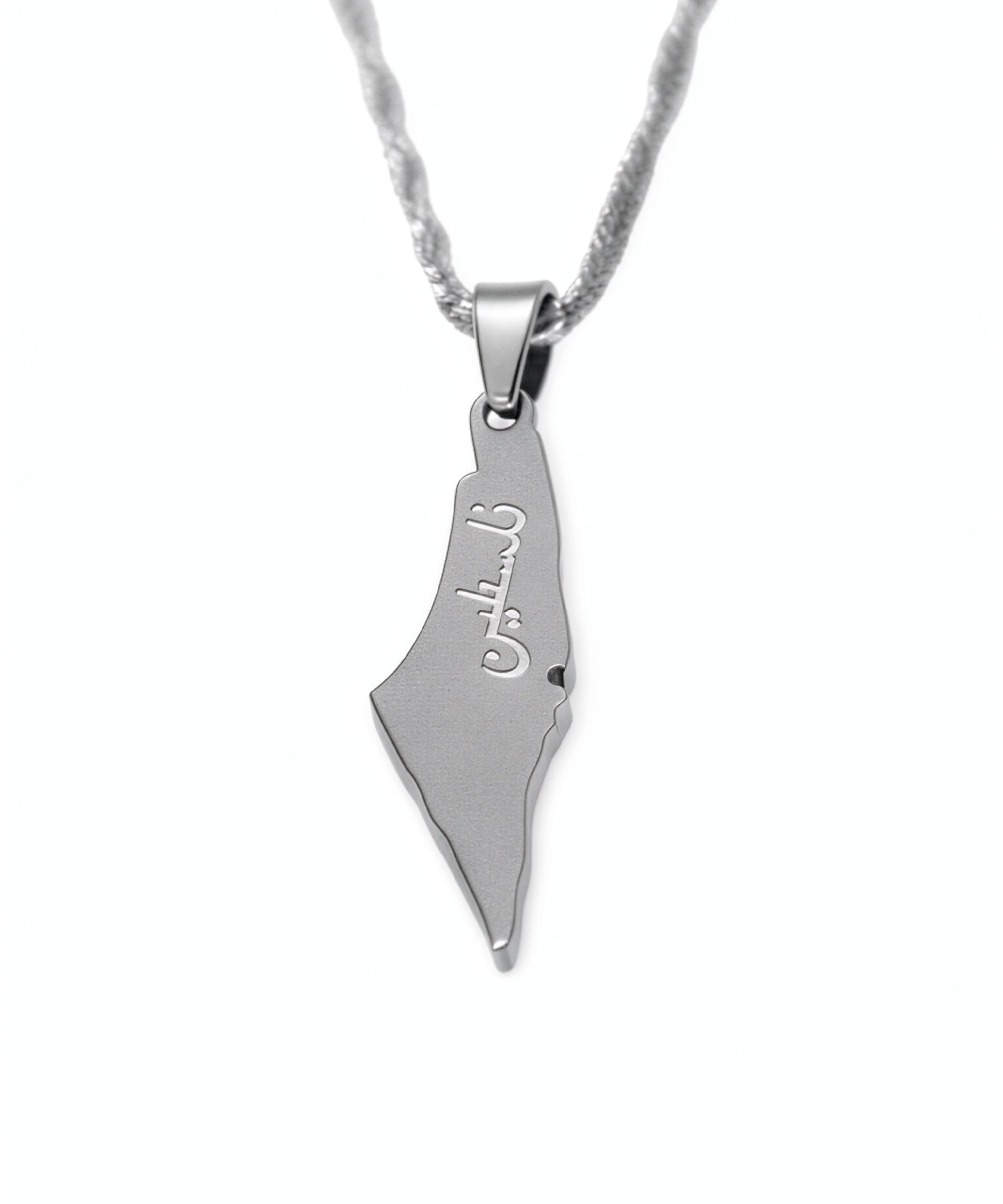 Silver plated Palestine map pendant necklace by KIRO UK featuring a geometric country outline on a textured chain