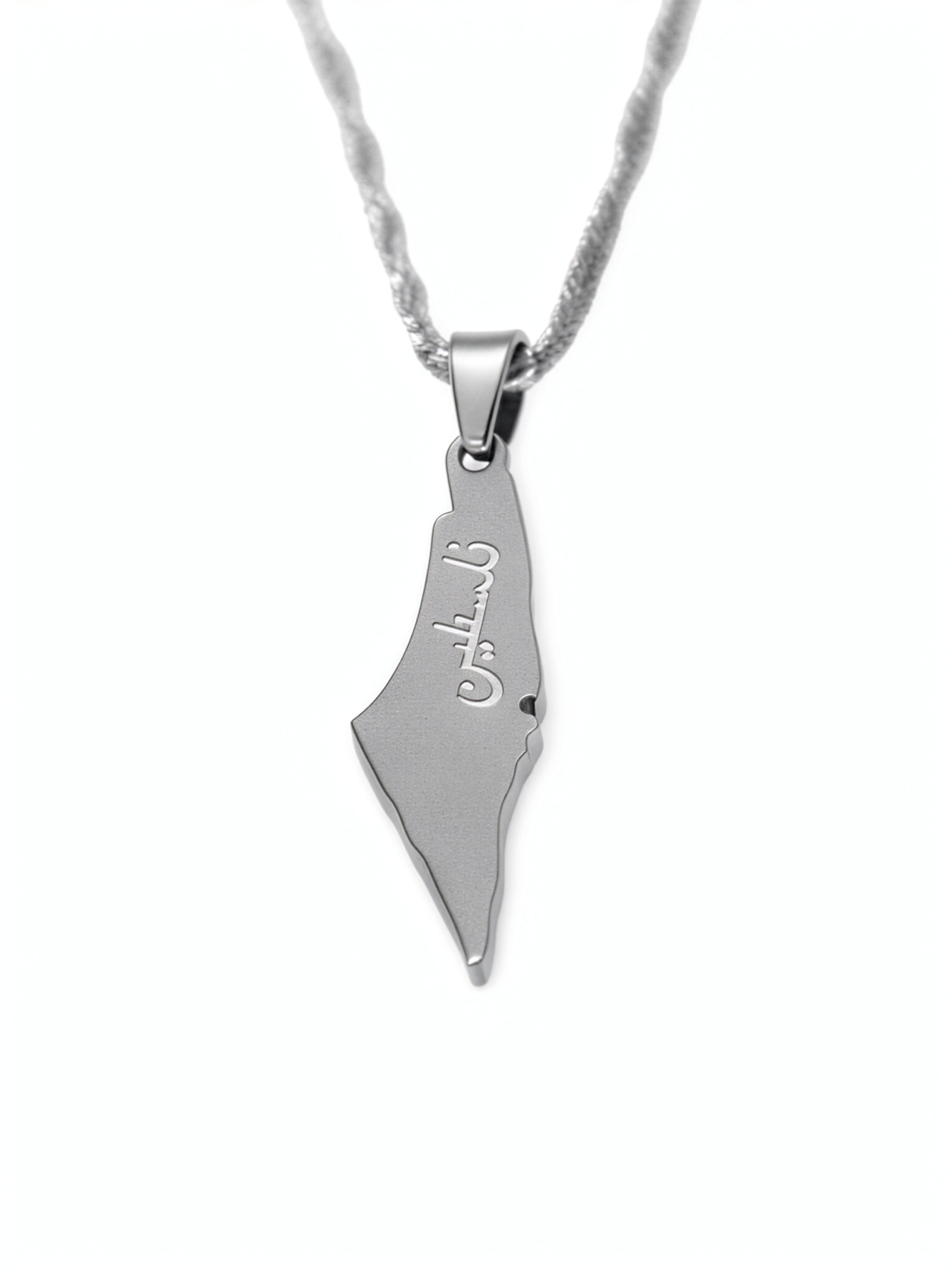 Silver plated Palestine map pendant necklace by KIRO UK featuring a geometric country outline on a textured chain