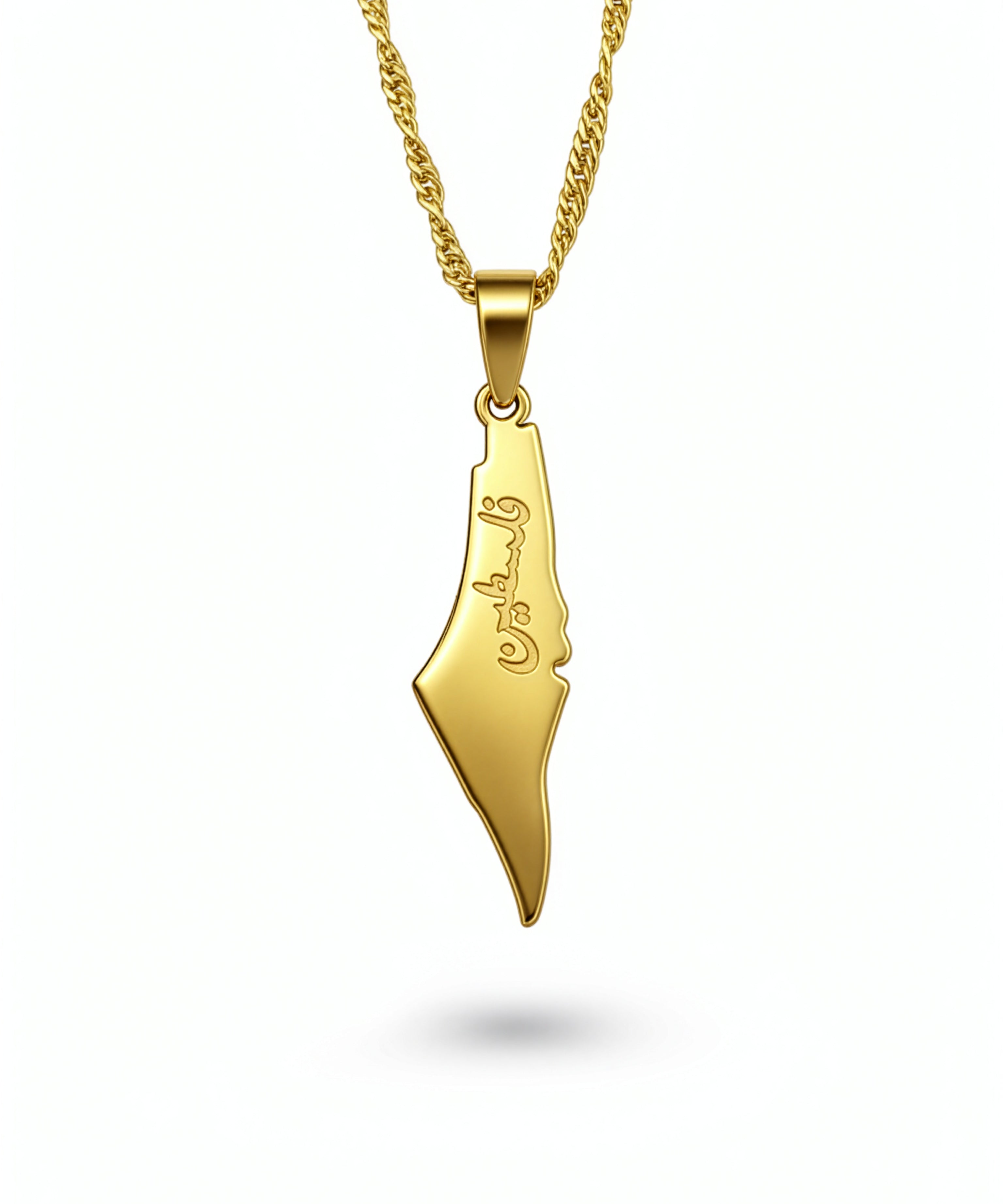 18K gold plated Palestine map pendant necklace with Arabic script on a twisted chain by KIRO UK