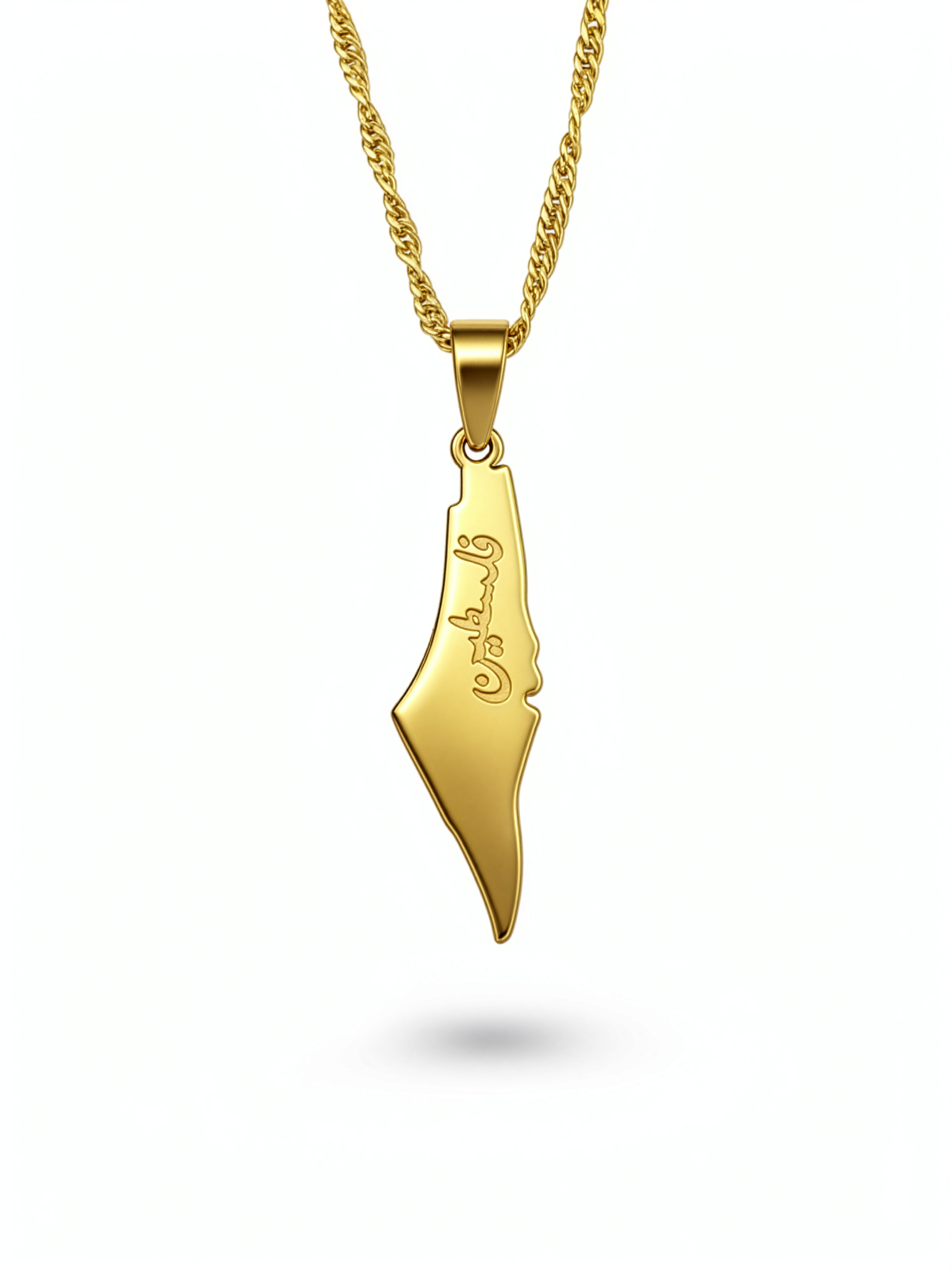 18K gold plated Palestine map pendant necklace with Arabic script on a twisted chain by KIRO UK