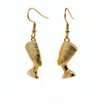 18K gold plated Egyptian Queen Nefertiti drop earrings by KIRO UK featuring detailed sculpted profiles and a lightweight hanging design