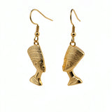 18K gold plated Egyptian Queen Nefertiti drop earrings by KIRO UK featuring detailed sculpted profiles and a lightweight hanging design