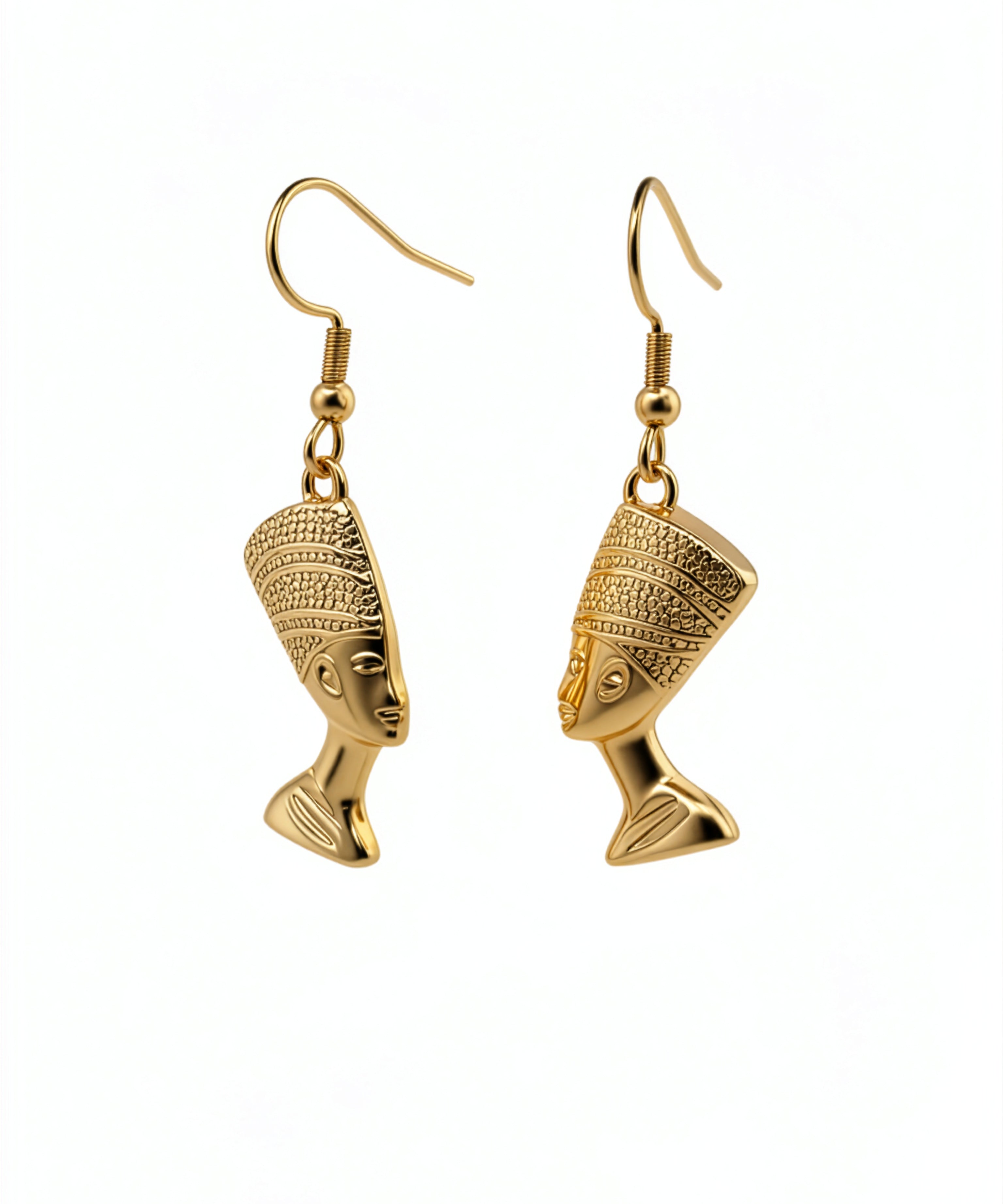 18K gold plated Egyptian Queen Nefertiti drop earrings by KIRO UK featuring detailed sculpted profiles and a lightweight hanging design