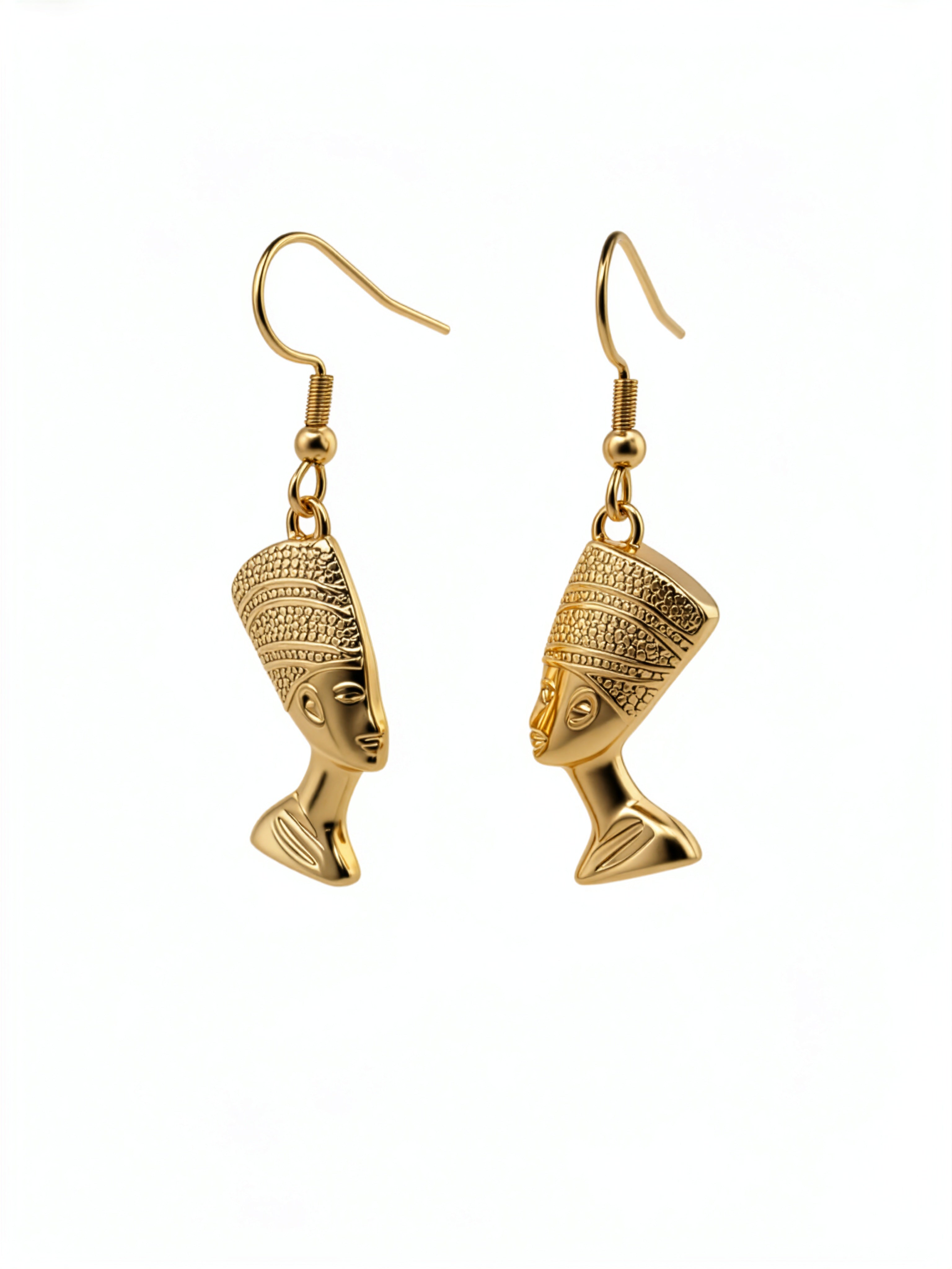 18K gold plated Egyptian Queen Nefertiti drop earrings by KIRO UK featuring detailed sculpted profiles and a lightweight hanging design