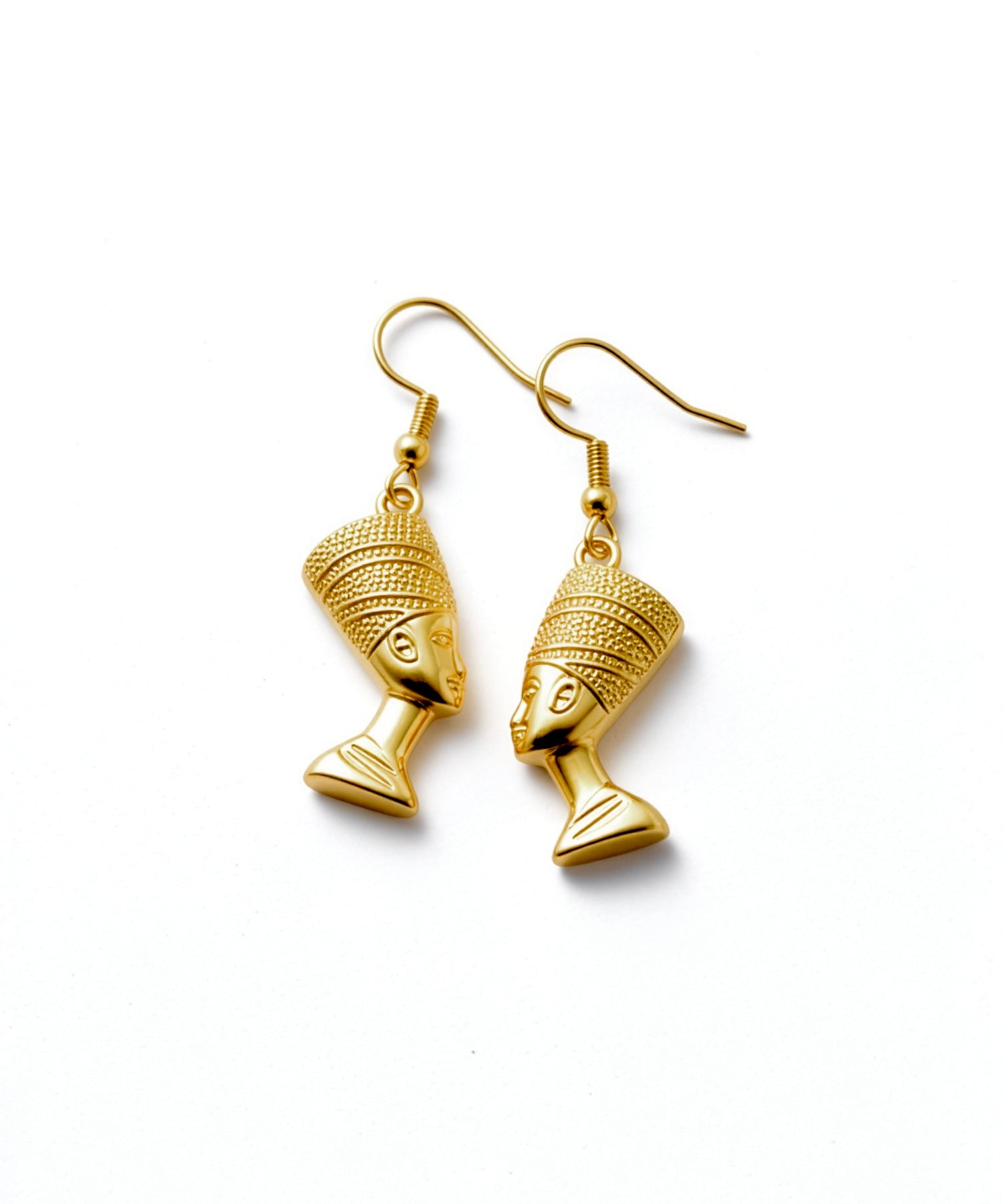 Gold plated Egyptian Queen Nefertiti drop earrings with detailed sculpted face designs on hooks by KIRO UK