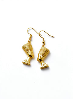Gold plated Egyptian Queen Nefertiti drop earrings with detailed sculpted face designs on hooks by KIRO UK