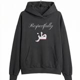 Black oversized cotton hoodie on a hanger with Respectfully and Toz lettering on the front. KIRO Clothing collection.