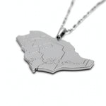 Silver plated Saudi Arabia map pendant necklace with detailed regional outlines on a chain for cultural pride from KIRO UK