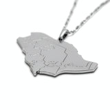 Silver plated Saudi Arabia map pendant necklace with detailed regional outlines on a chain for cultural pride from KIRO UK