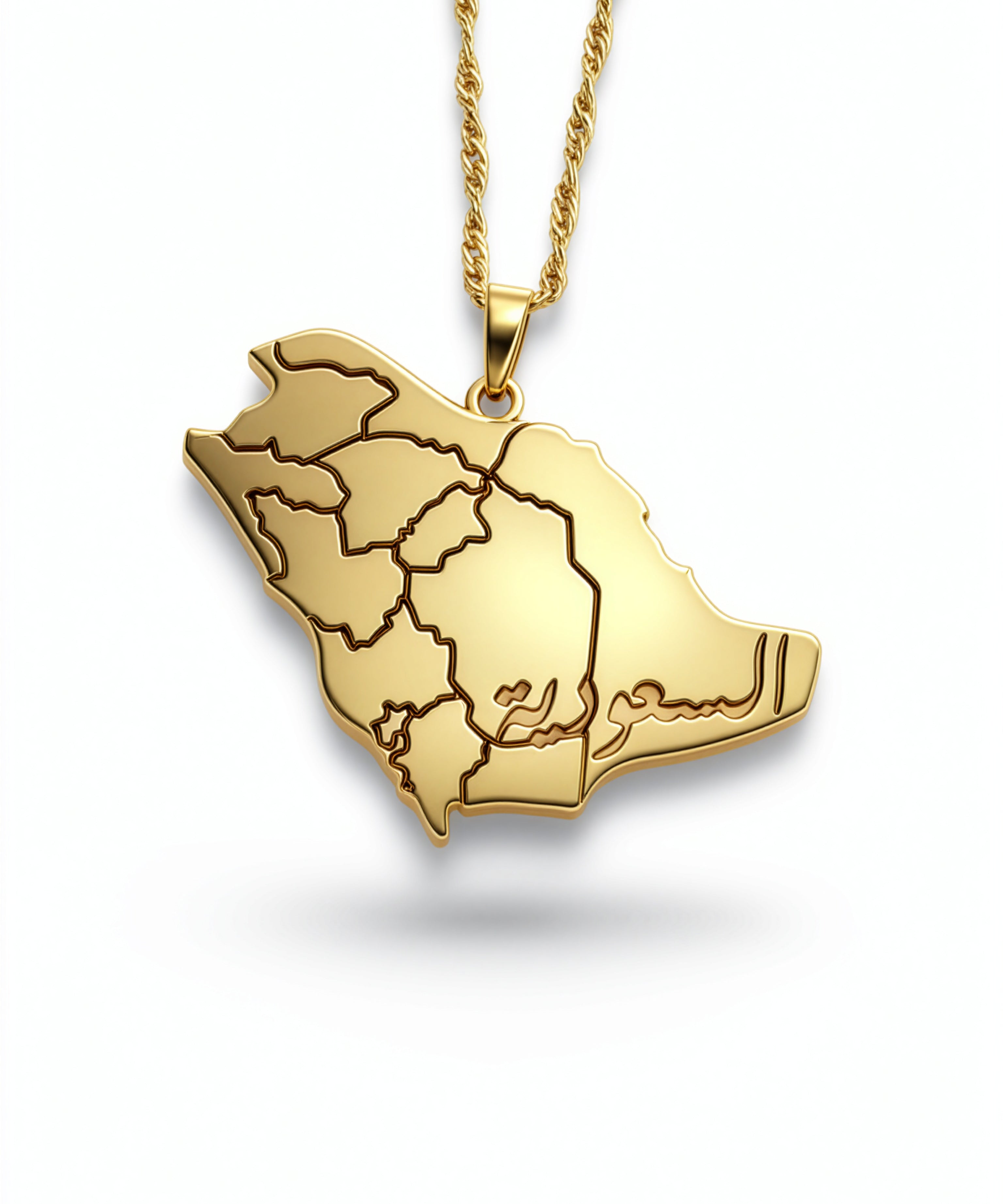 Gold Saudi Arabia map necklace with detailed regional borders and a textured chain from KIRO UK. A statement piece celebrating national pride.