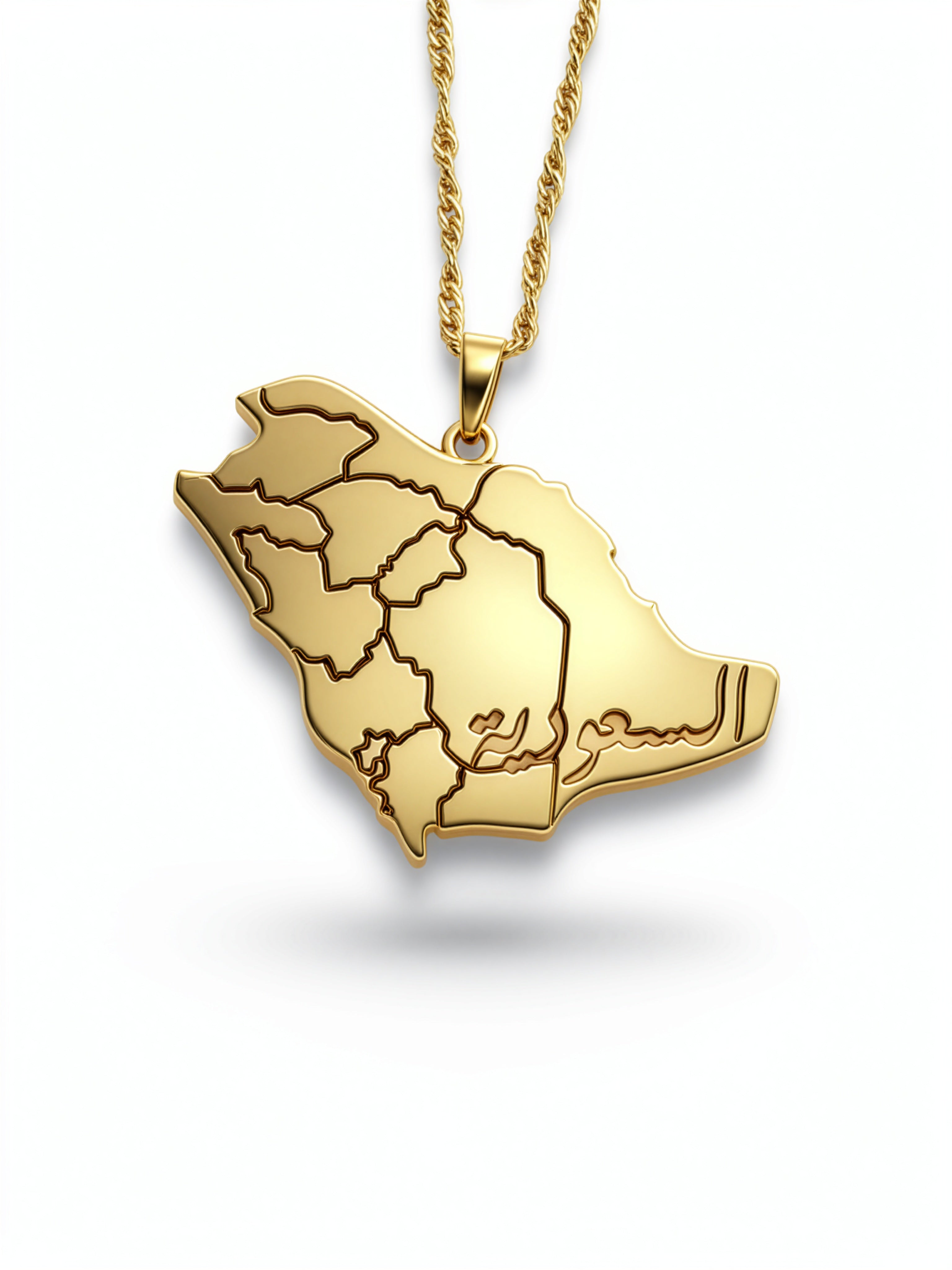 Gold Saudi Arabia map necklace with detailed regional borders and a textured chain from KIRO UK. A statement piece celebrating national pride.