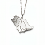 Silver plated Saudi Arabia map pendant necklace with detailed regional borders and Arabic Saudi engraving by KIRO UK