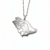 Silver plated Saudi Arabia map pendant necklace with detailed regional borders and Arabic Saudi engraving by KIRO UK