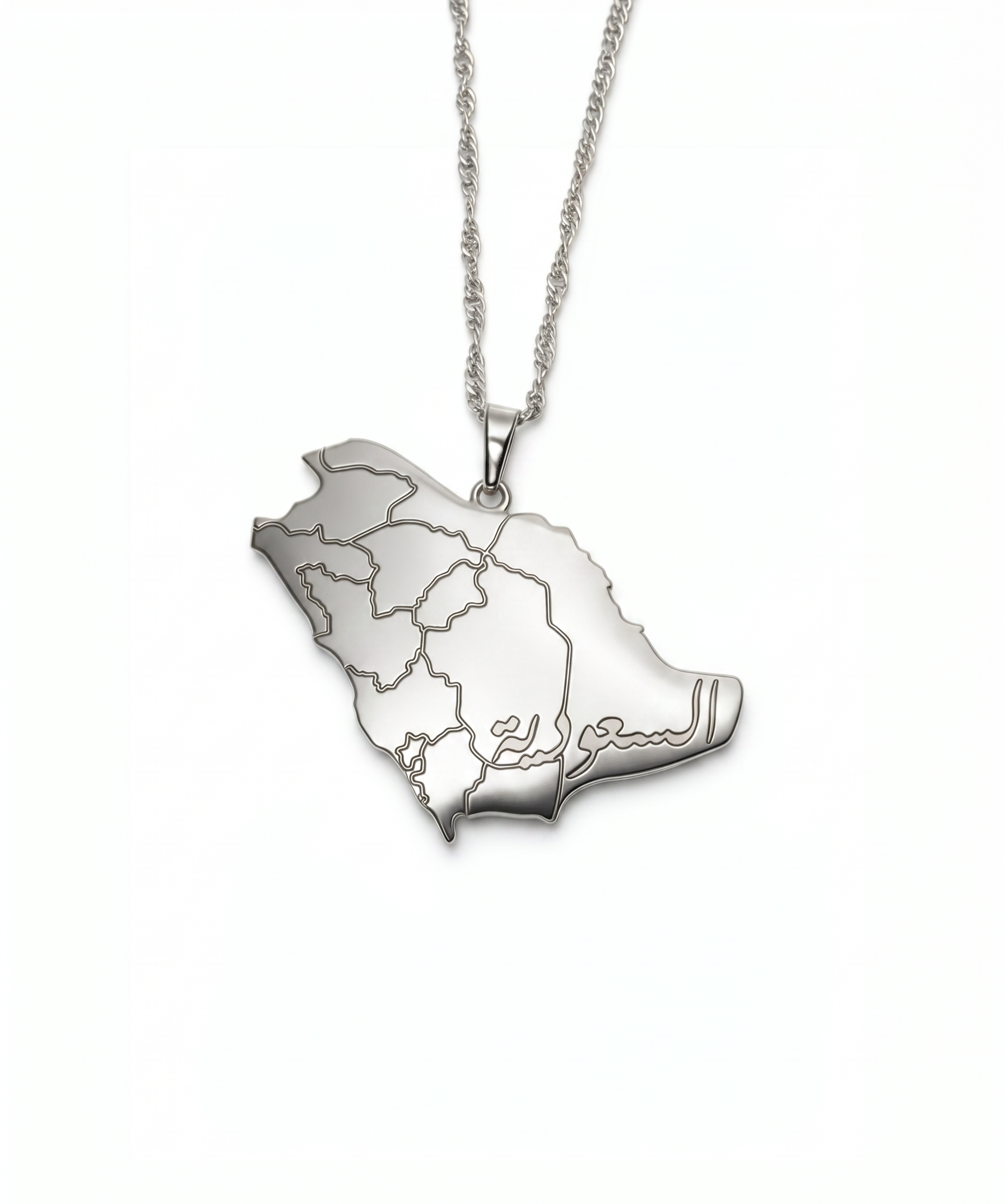 Silver plated Saudi Arabia map pendant necklace with detailed regional borders and Arabic Saudi engraving by KIRO UK