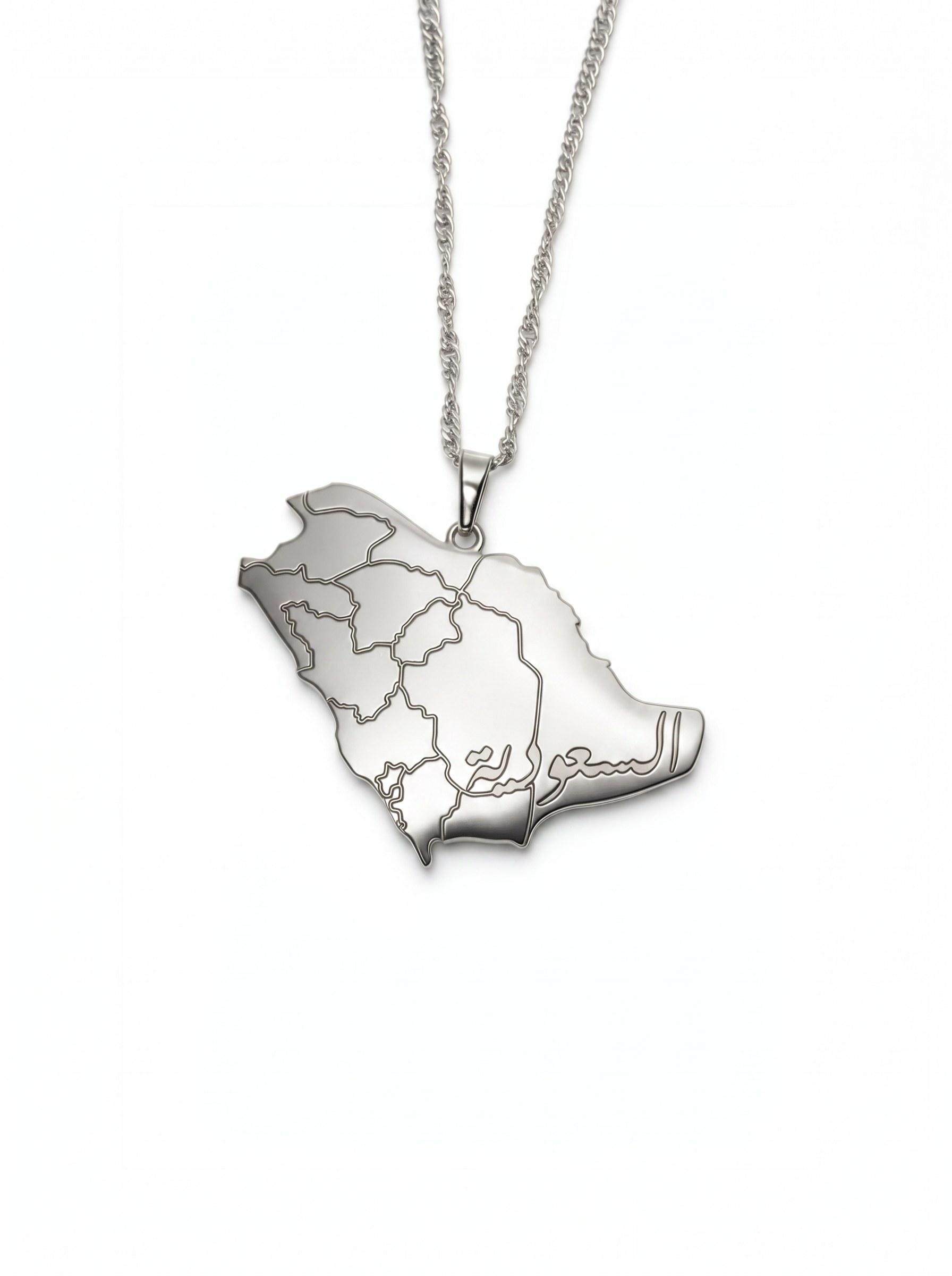 Silver plated Saudi Arabia map pendant necklace with detailed regional borders and Arabic Saudi engraving by KIRO UK