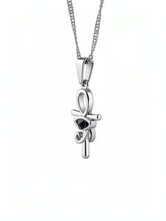 KIRO silver Ankh Horus fusion pendant necklace with a central black gemstone on a delicate chain