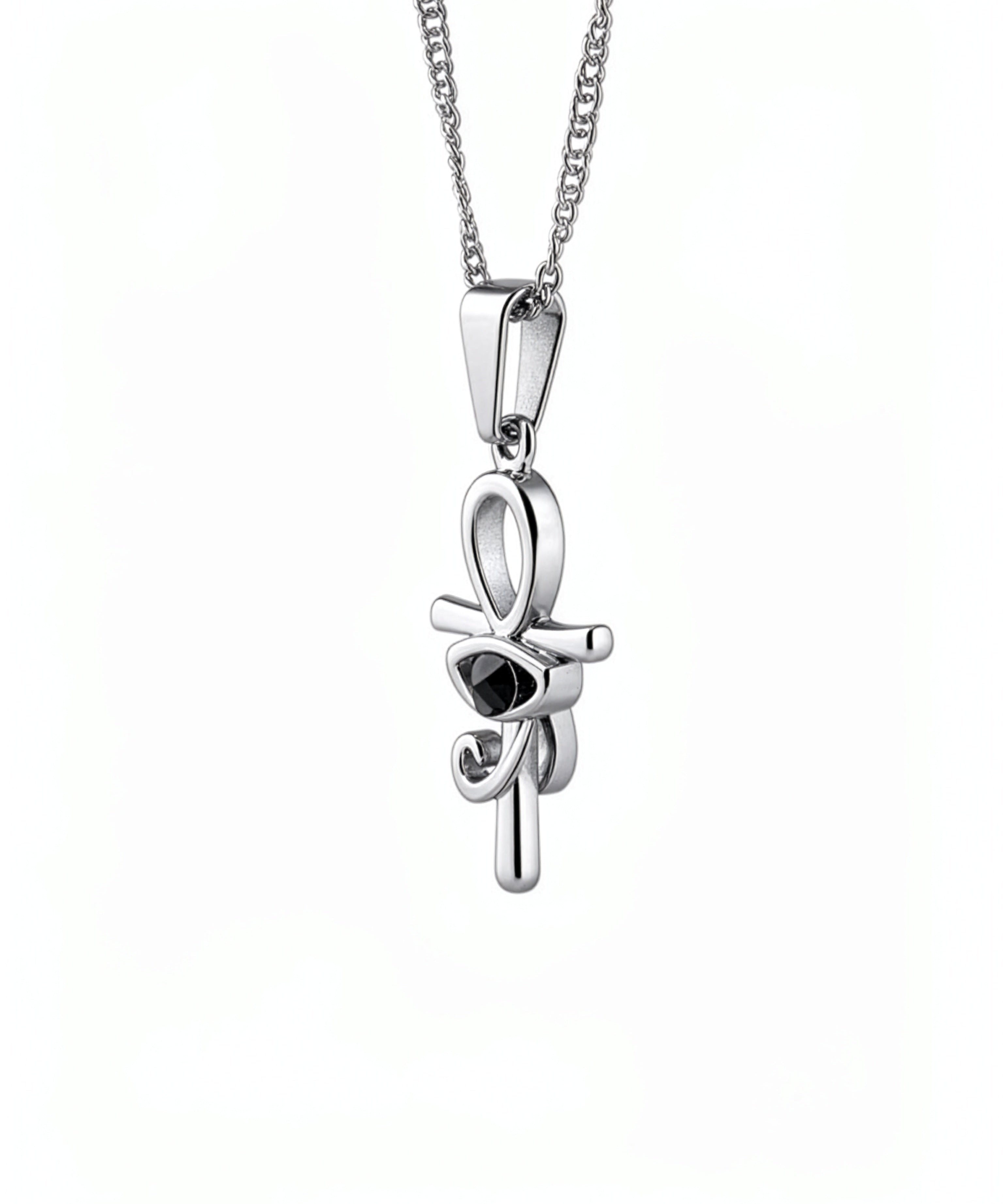 KIRO silver Ankh Horus fusion pendant necklace with a central black gemstone on a delicate chain
