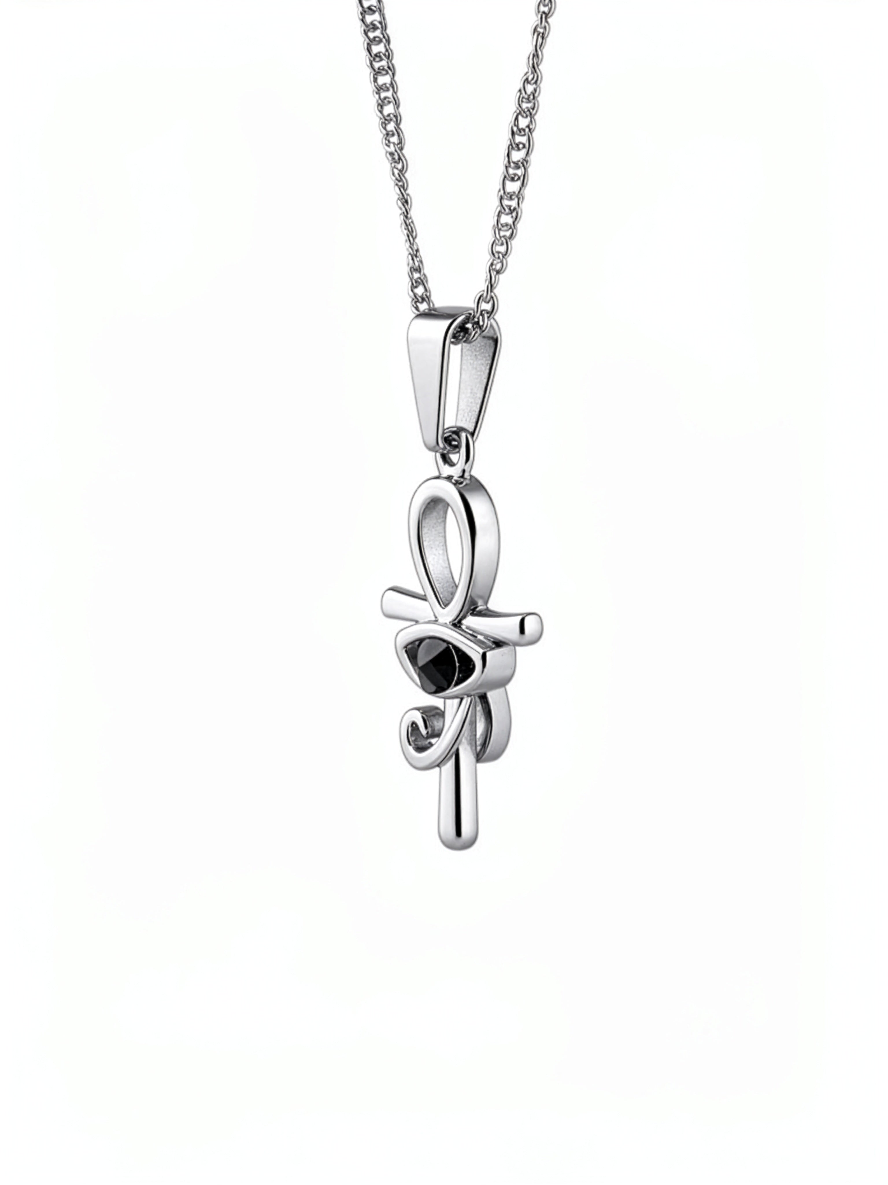 KIRO silver Ankh Horus fusion pendant necklace with a central black gemstone on a delicate chain