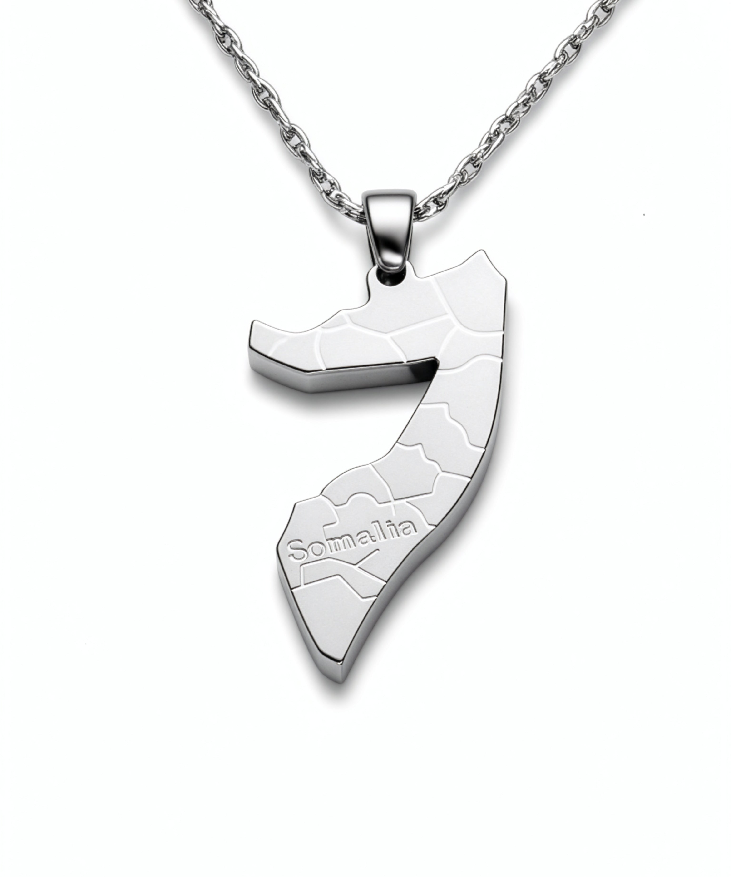 Silver plated Somalia map necklace with Somalia engraved on the pendant and textured map detail on a chain