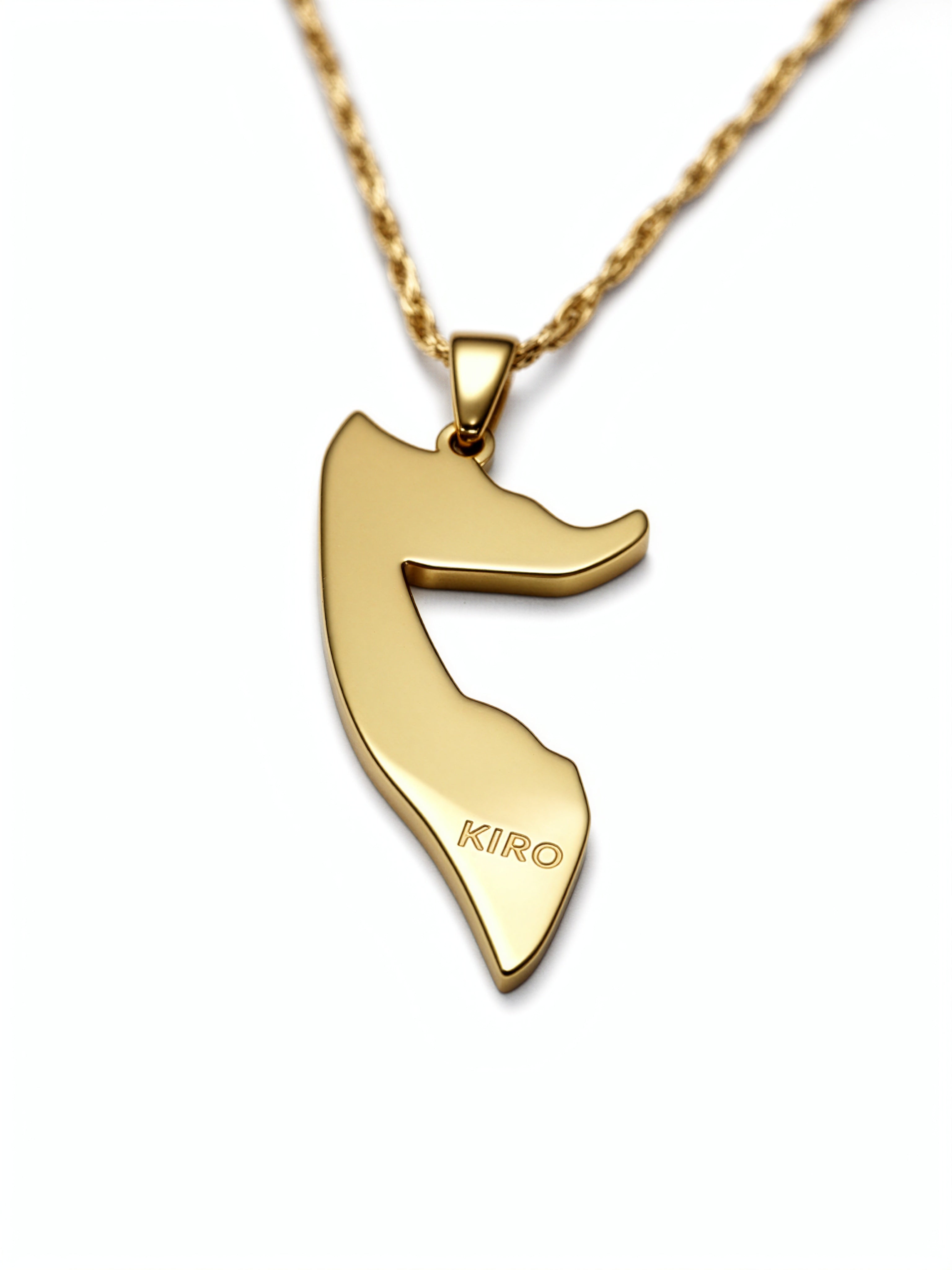 Gold plated Somalia map necklace with a stylized pendant engraved KIRO on a matching gold chain