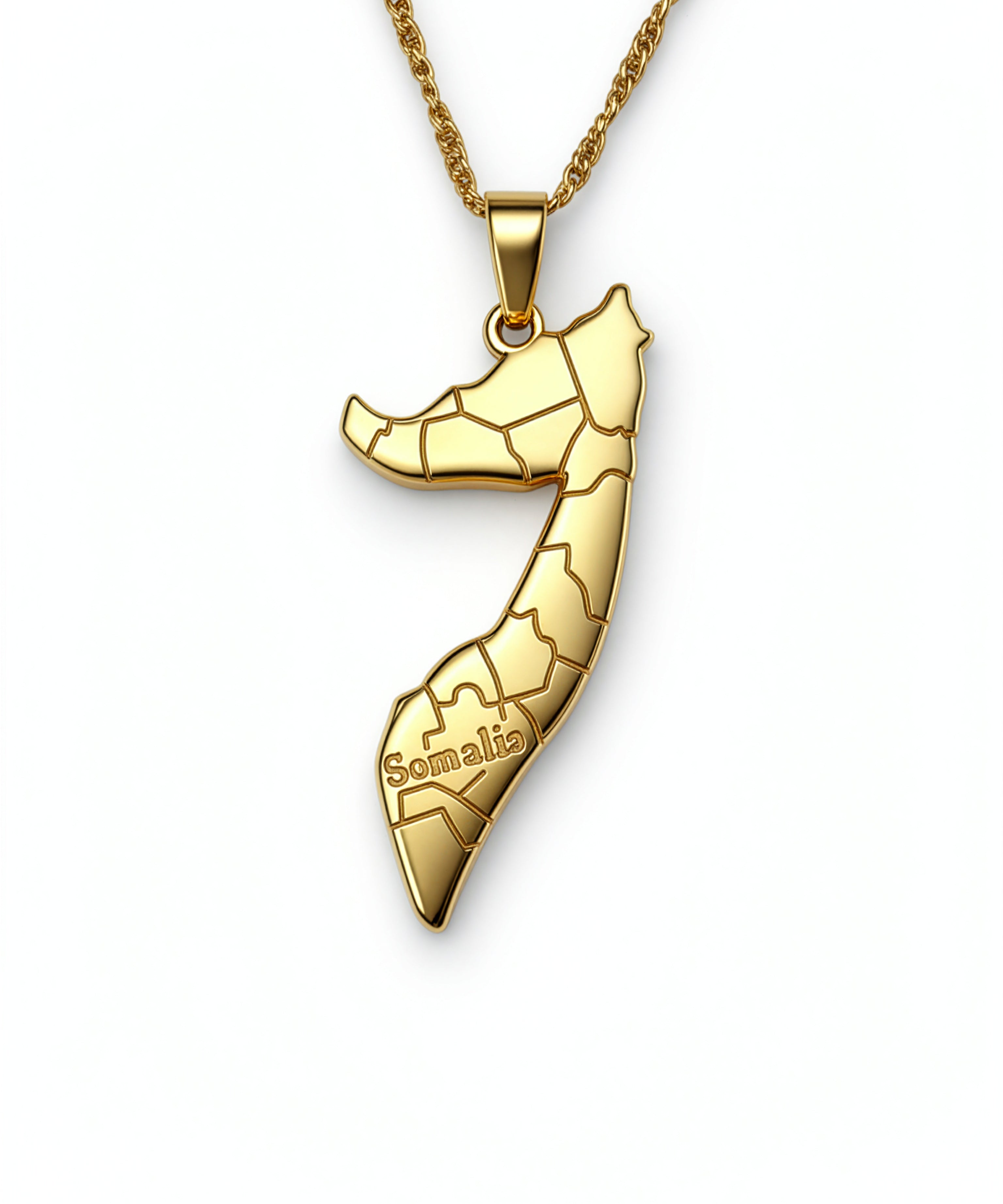 Gold plated Somalia map pendant necklace with regional outline details and Somalia engraved on the front on a linked chain from KIRO UK