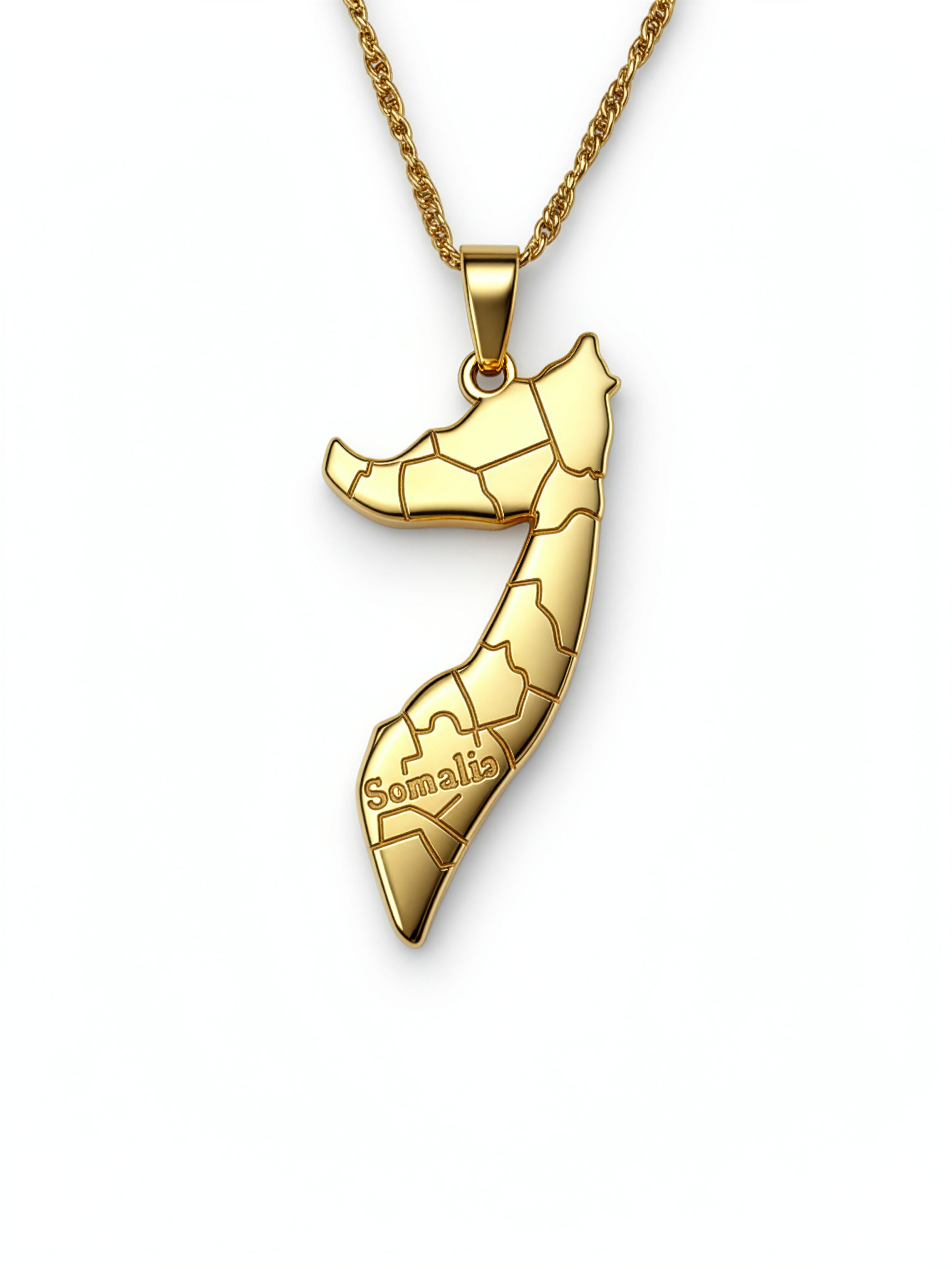 Gold plated Somalia map pendant necklace with regional outline details and Somalia engraved on the front on a linked chain from KIRO UK