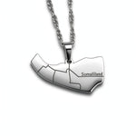 Silver plated Somaliland map necklace with a linked chain and engraved Somaliland lettering on the pendant by KIRO UK