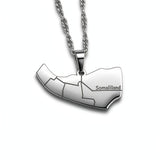Silver plated Somaliland map necklace with a linked chain and engraved Somaliland lettering on the pendant by KIRO UK