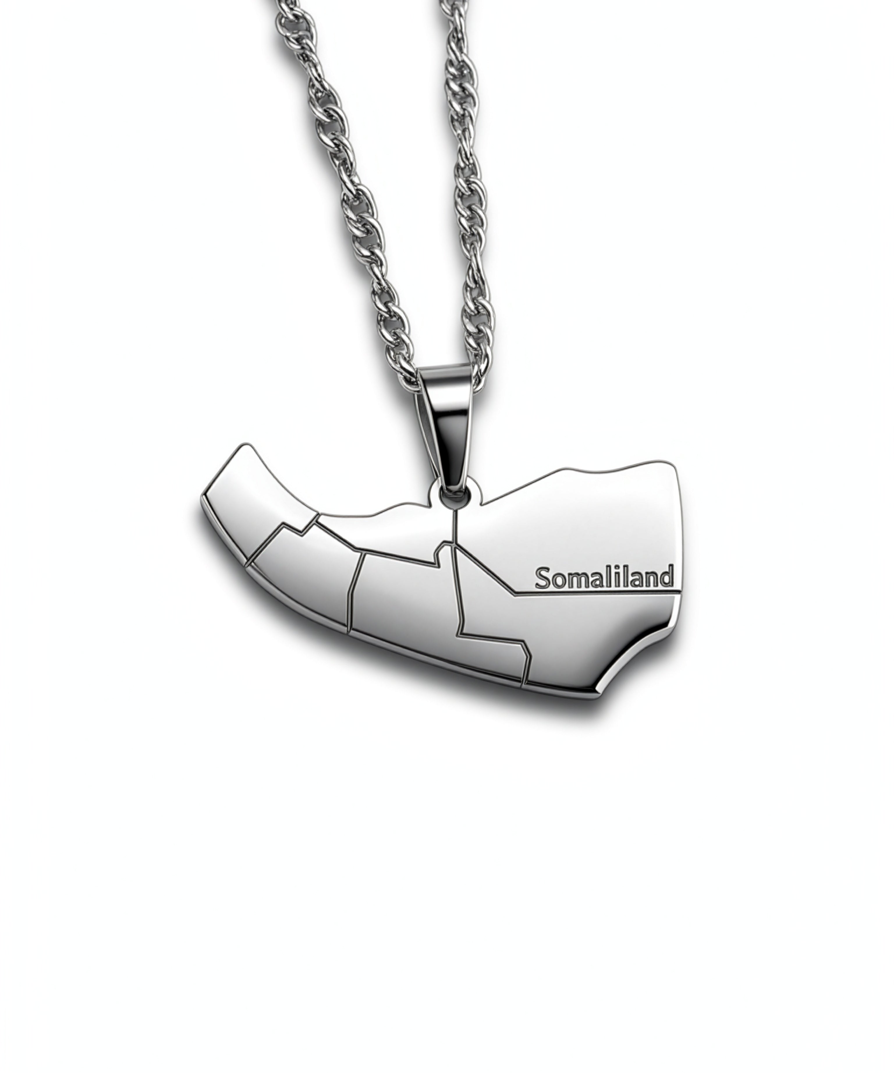 Silver plated Somaliland map necklace with a linked chain and engraved Somaliland lettering on the pendant by KIRO UK
