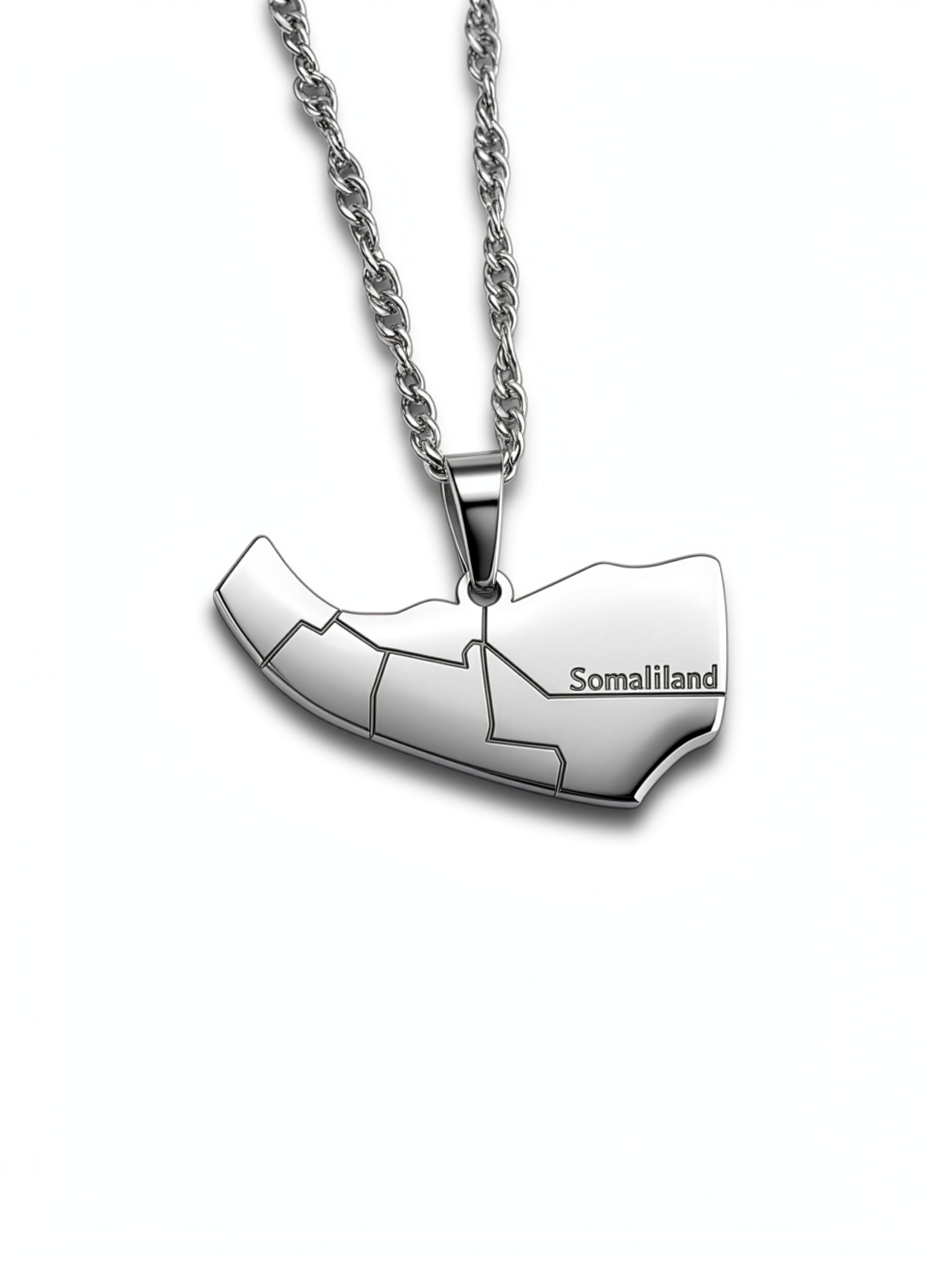 Silver plated Somaliland map necklace with a linked chain and engraved Somaliland lettering on the pendant by KIRO UK