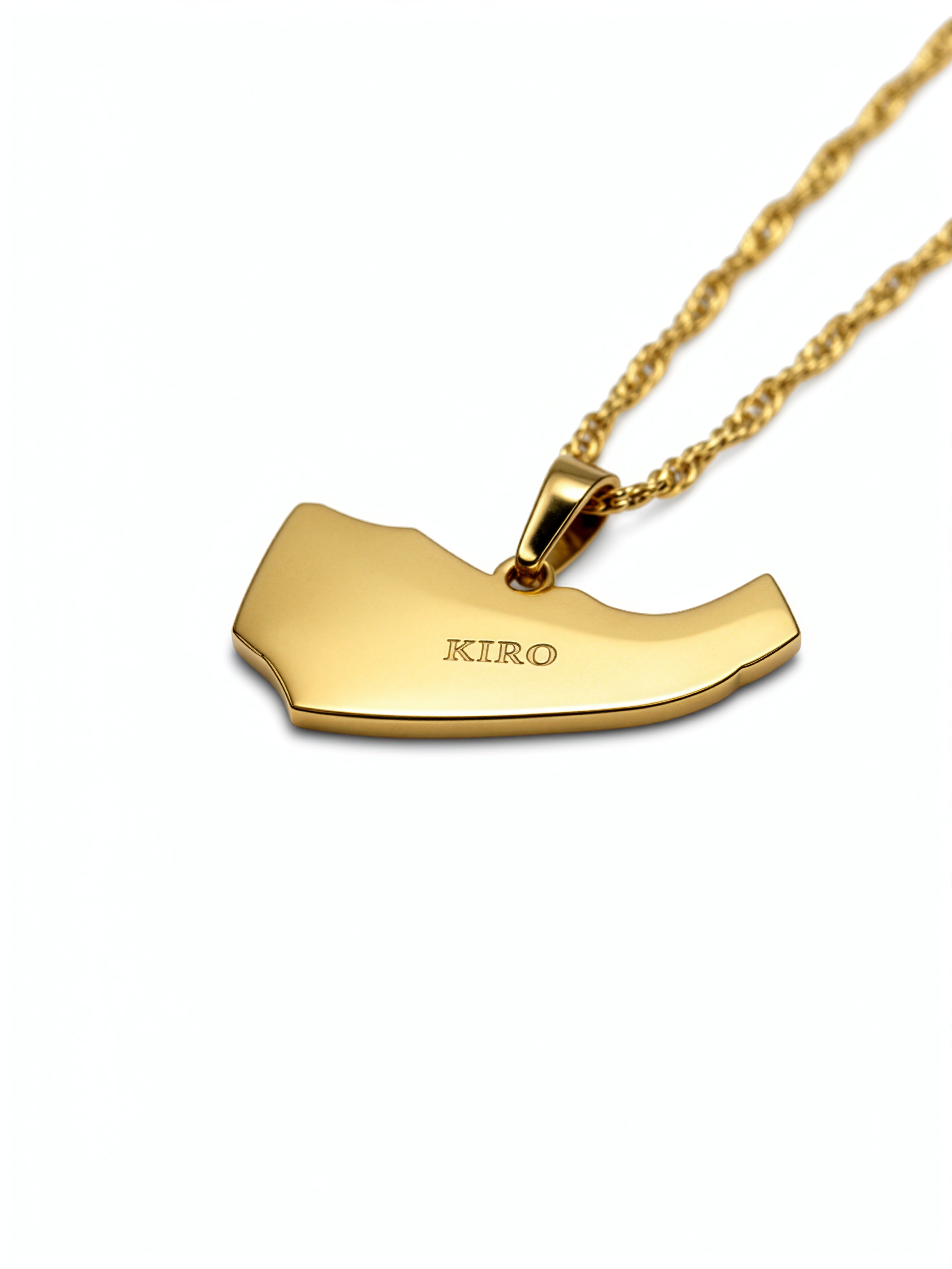18K gold plated Somaliland map necklace with KIRO engraving and a matching chain displayed on a white background