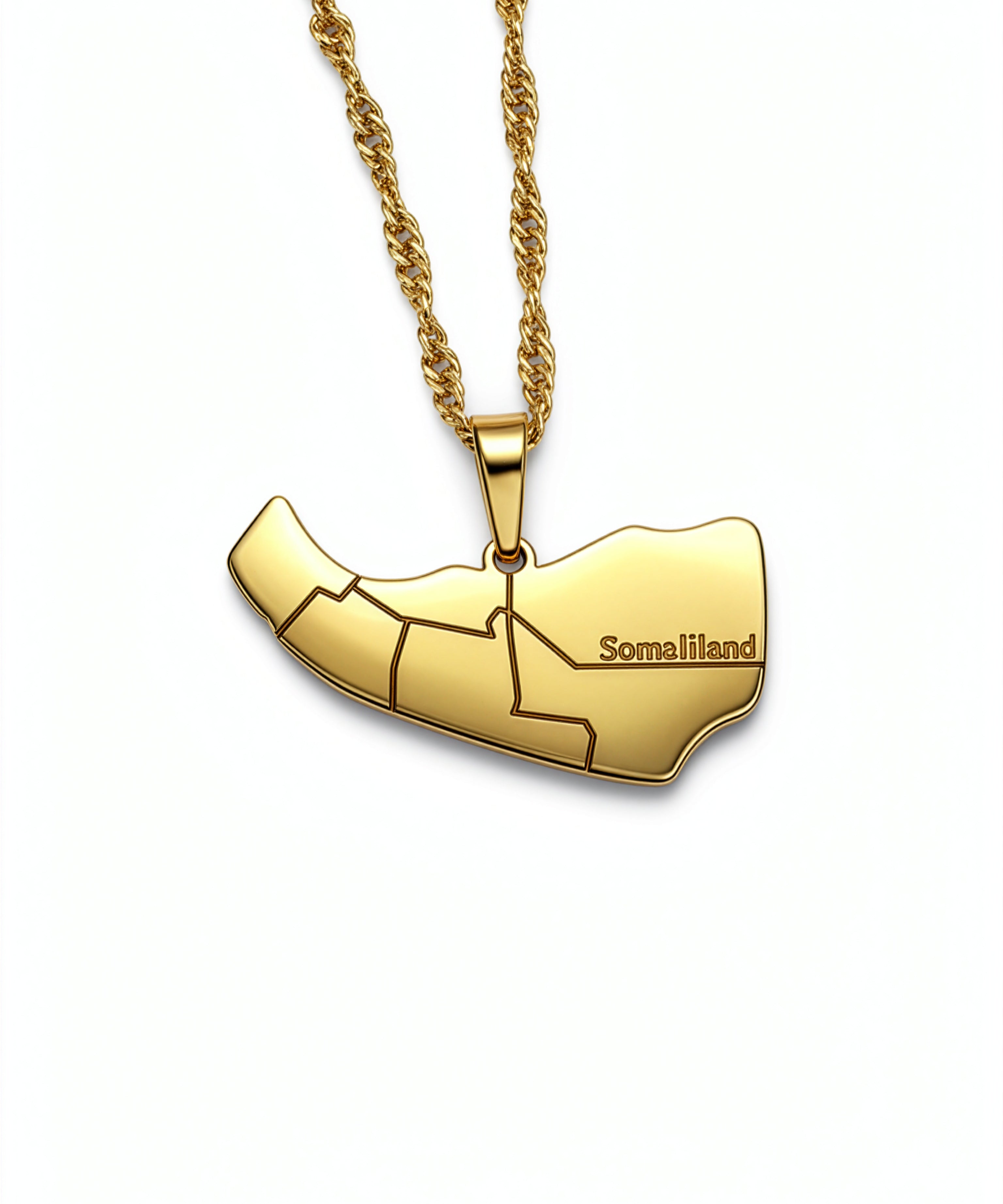 Gold plated map pendant necklace shaped like Somaliland with Somaliland engraved on the front and a textured chain by KIRO UK