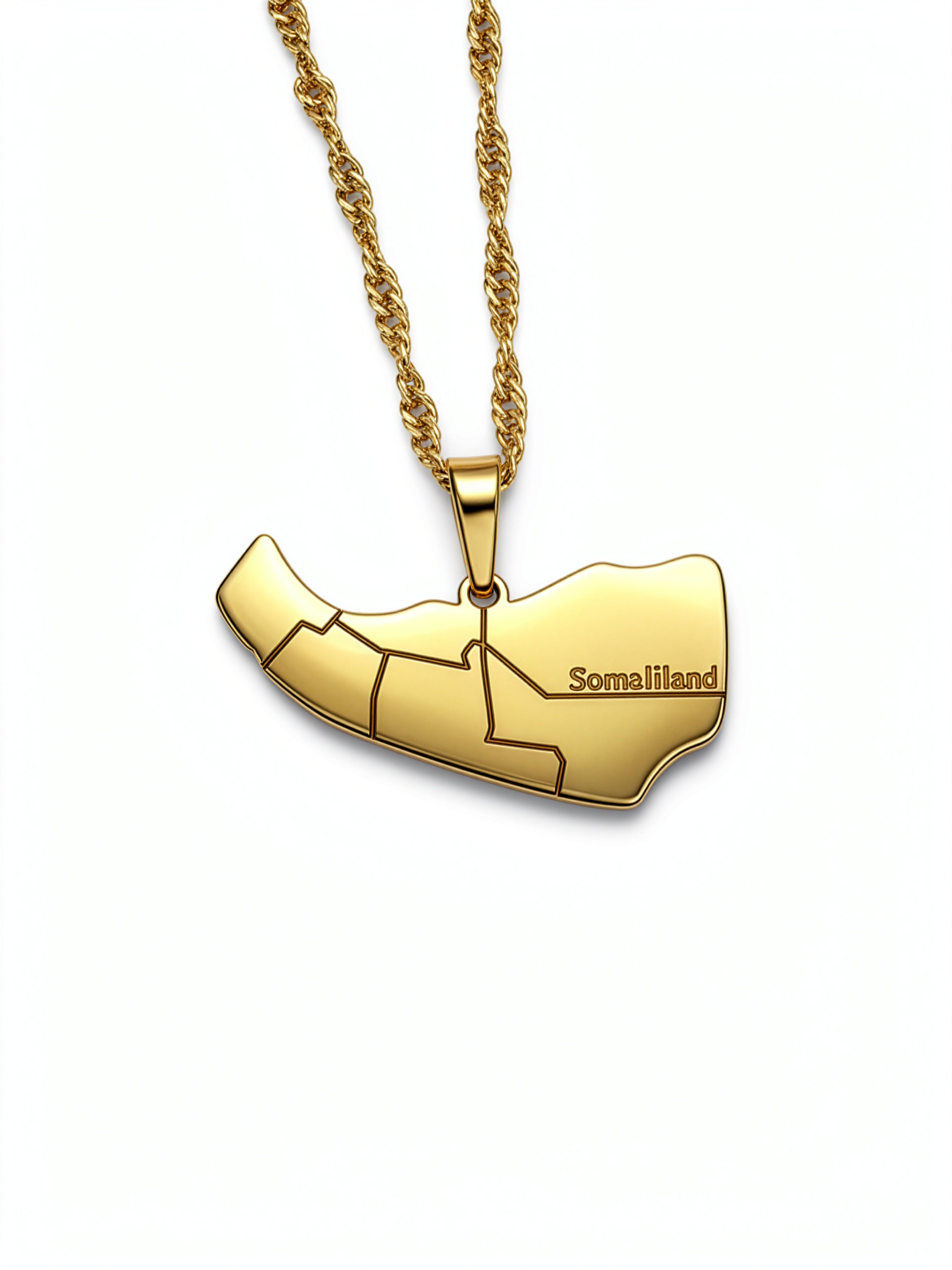 Gold plated map pendant necklace shaped like Somaliland with Somaliland engraved on the front and a textured chain by KIRO UK