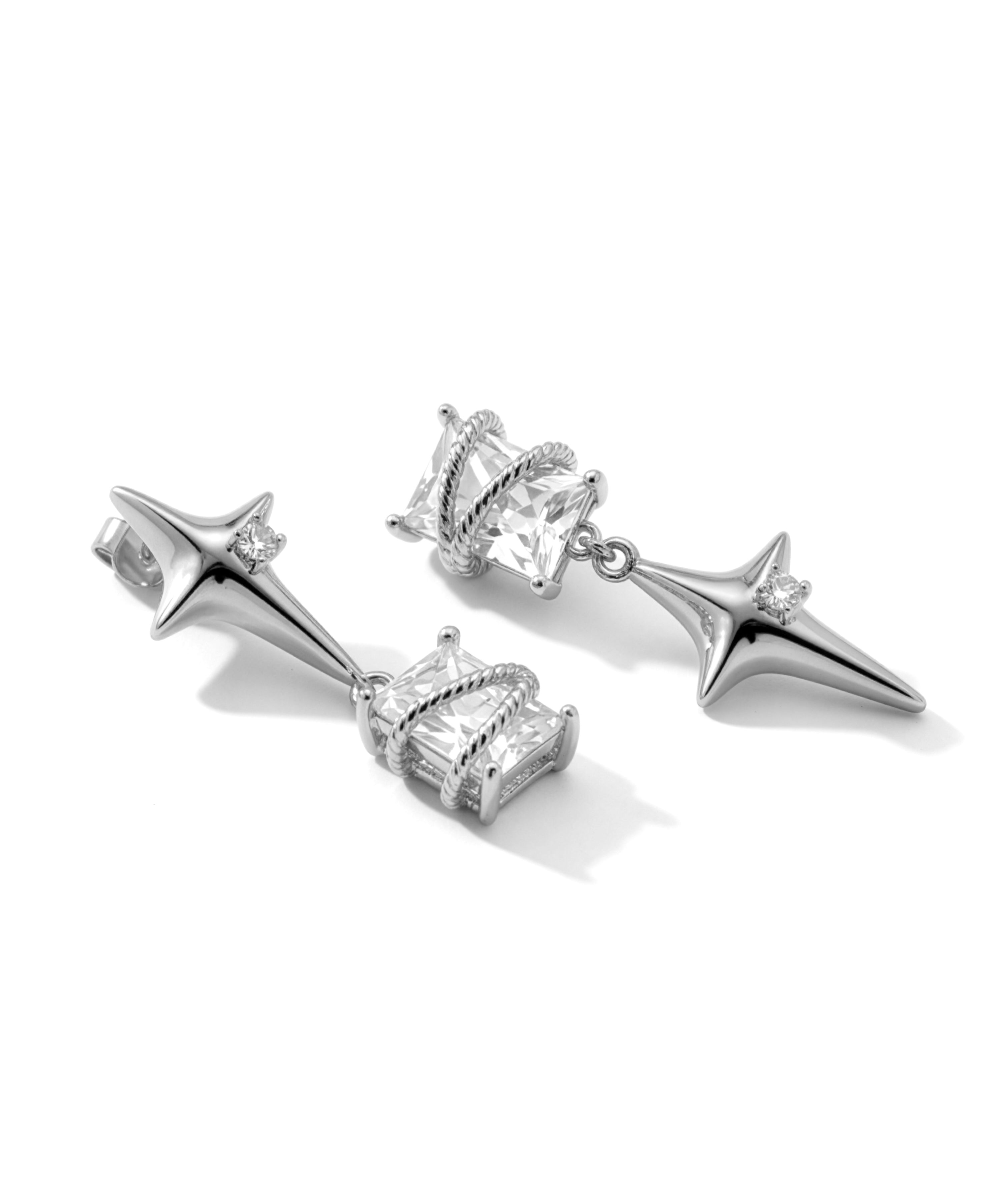 Silver star drop earrings with clear cubic zirconia details from KIRO UK Earrings collection