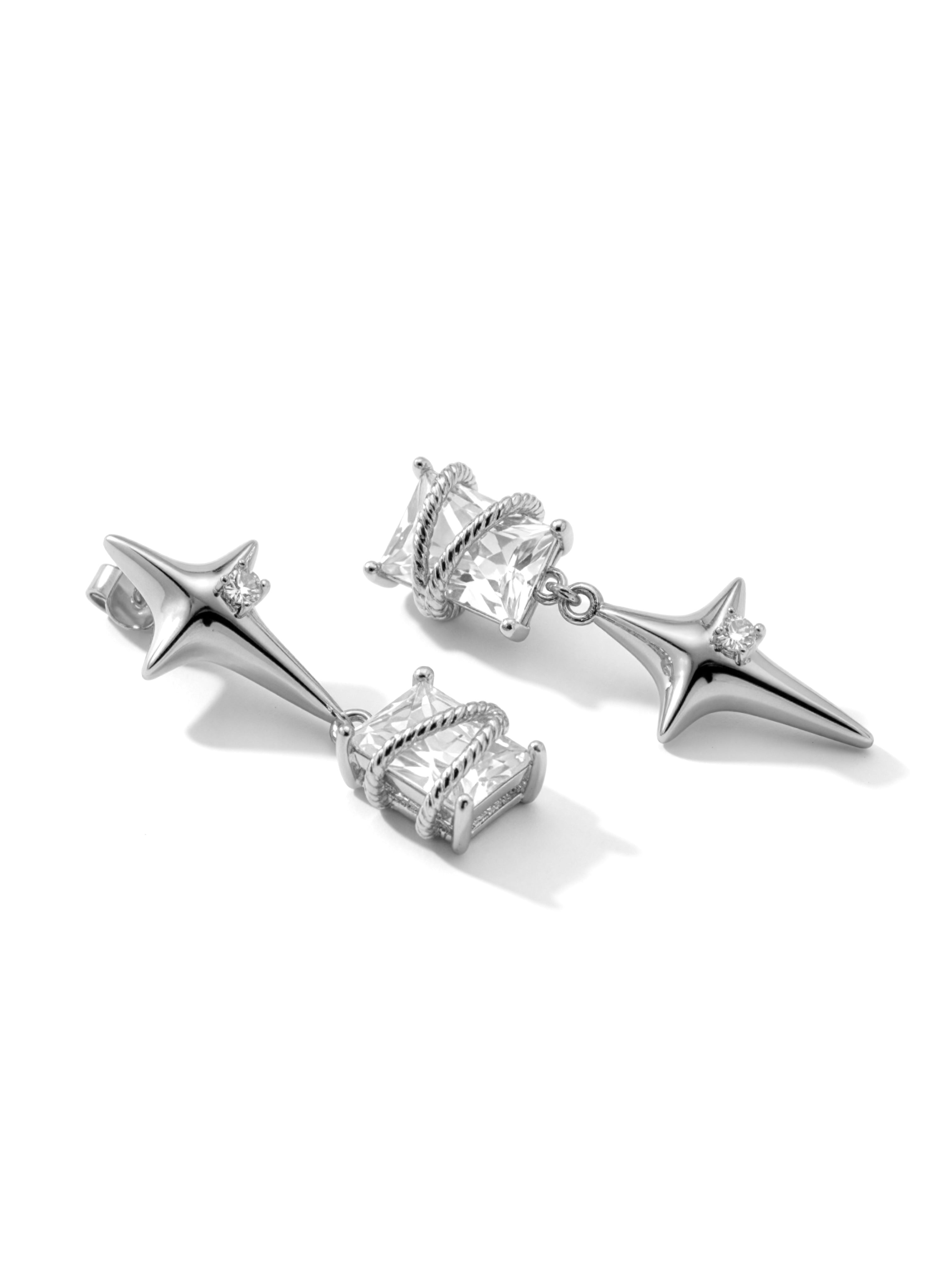 Silver star drop earrings with clear cubic zirconia details from KIRO UK Earrings collection
