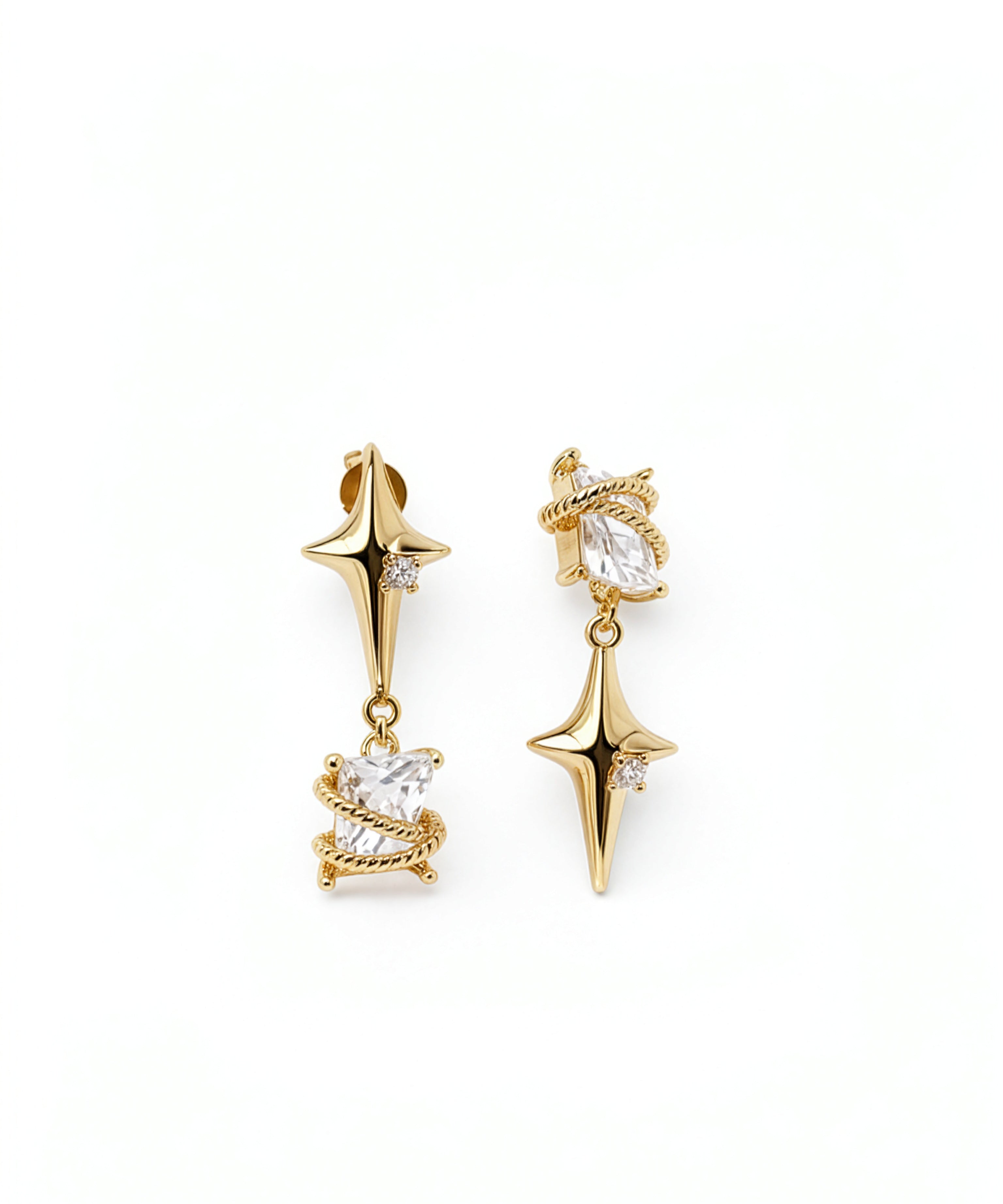 18K gold plated star drop earrings with clear cubic zirconia accents and ornate gold loops on a white background from KIRO UK Earrings