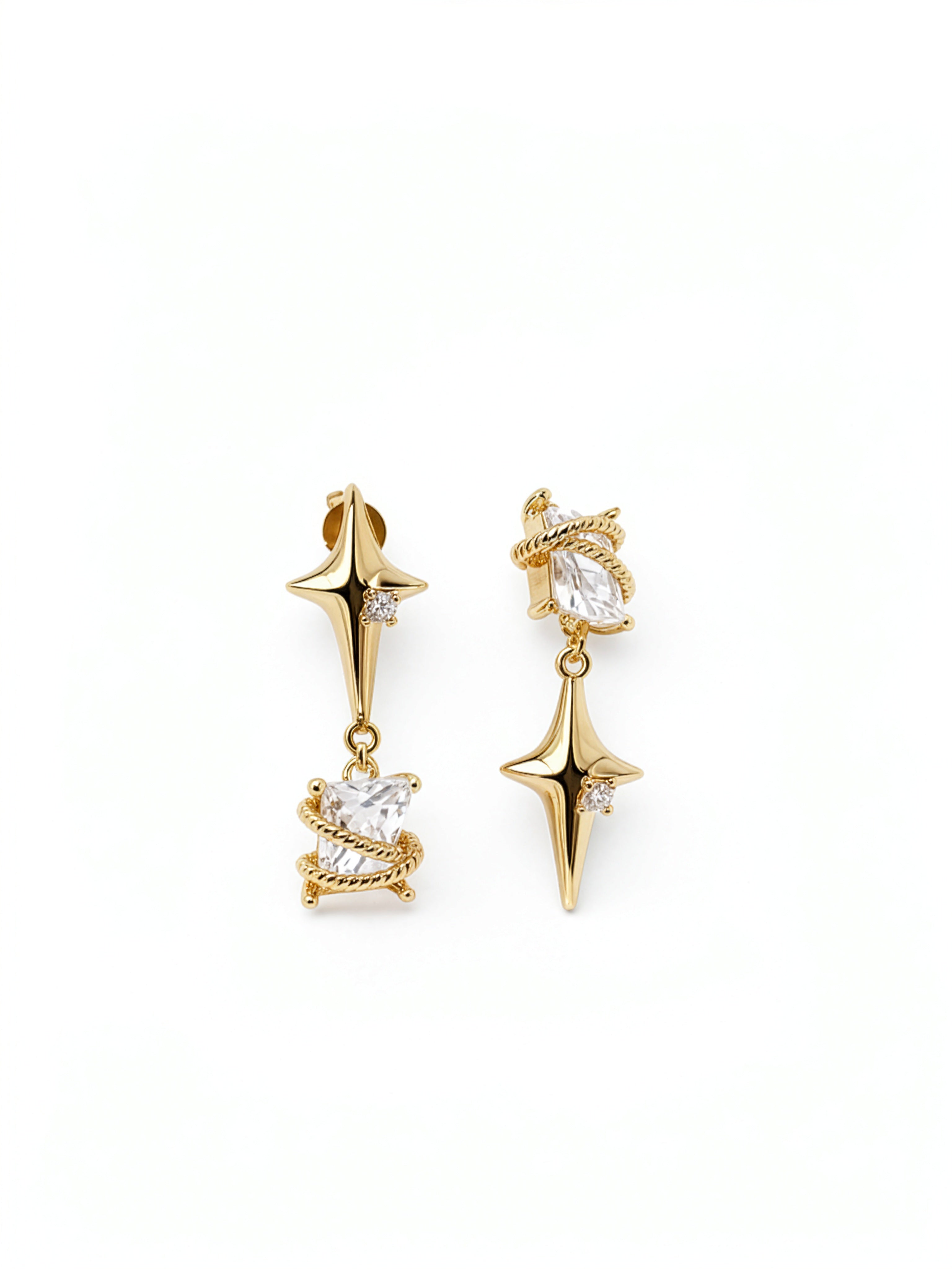 18K gold plated star drop earrings with clear cubic zirconia accents and ornate gold loops on a white background from KIRO UK Earrings
