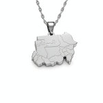 Silver plated Sudan map necklace with Arabic engraving on the pendant hanging from a twisted chain by KIRO UK