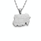 Silver plated Sudan map necklace with Arabic engraving on the pendant hanging from a twisted chain by KIRO UK