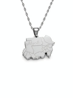 Silver plated Sudan map necklace with Arabic engraving on the pendant hanging from a twisted chain by KIRO UK