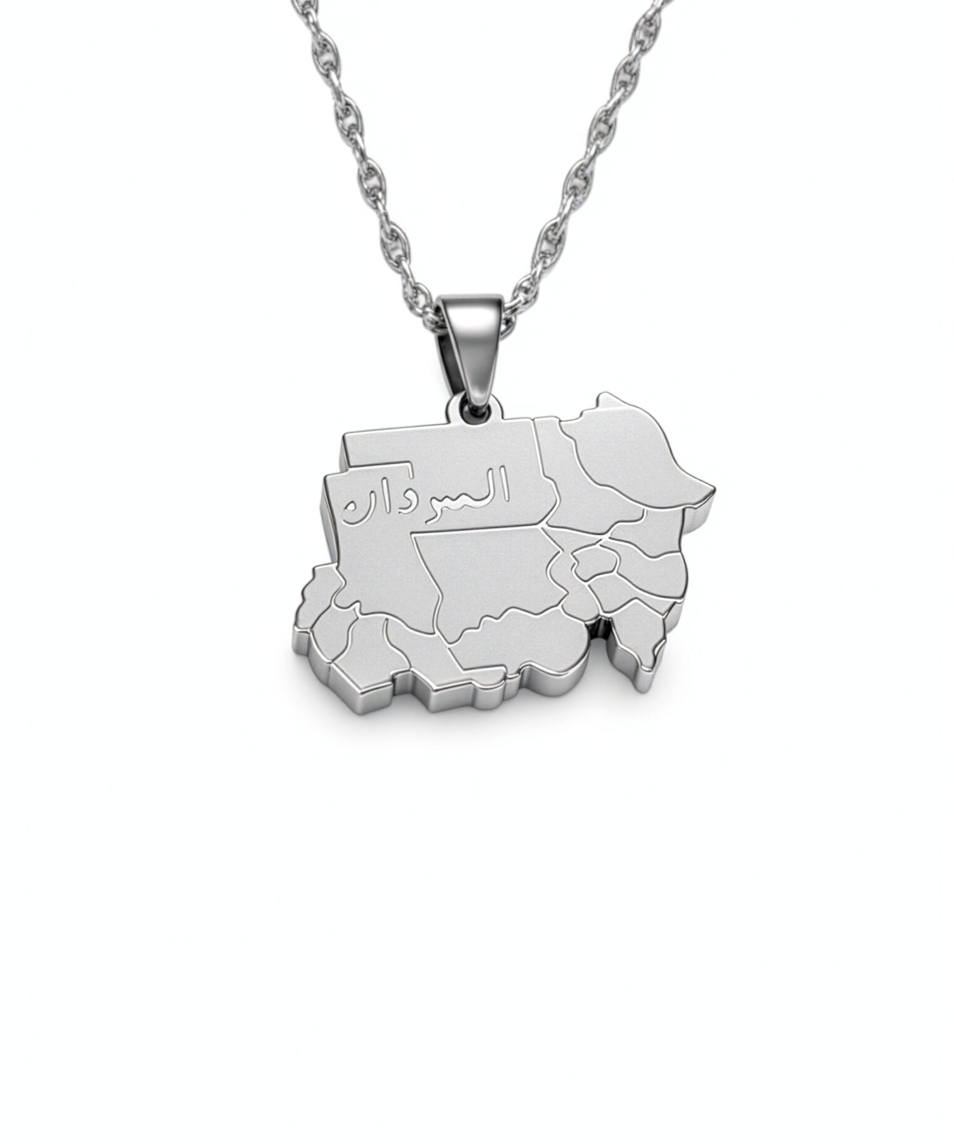 Silver plated Sudan map necklace with Arabic engraving on the pendant hanging from a twisted chain by KIRO UK