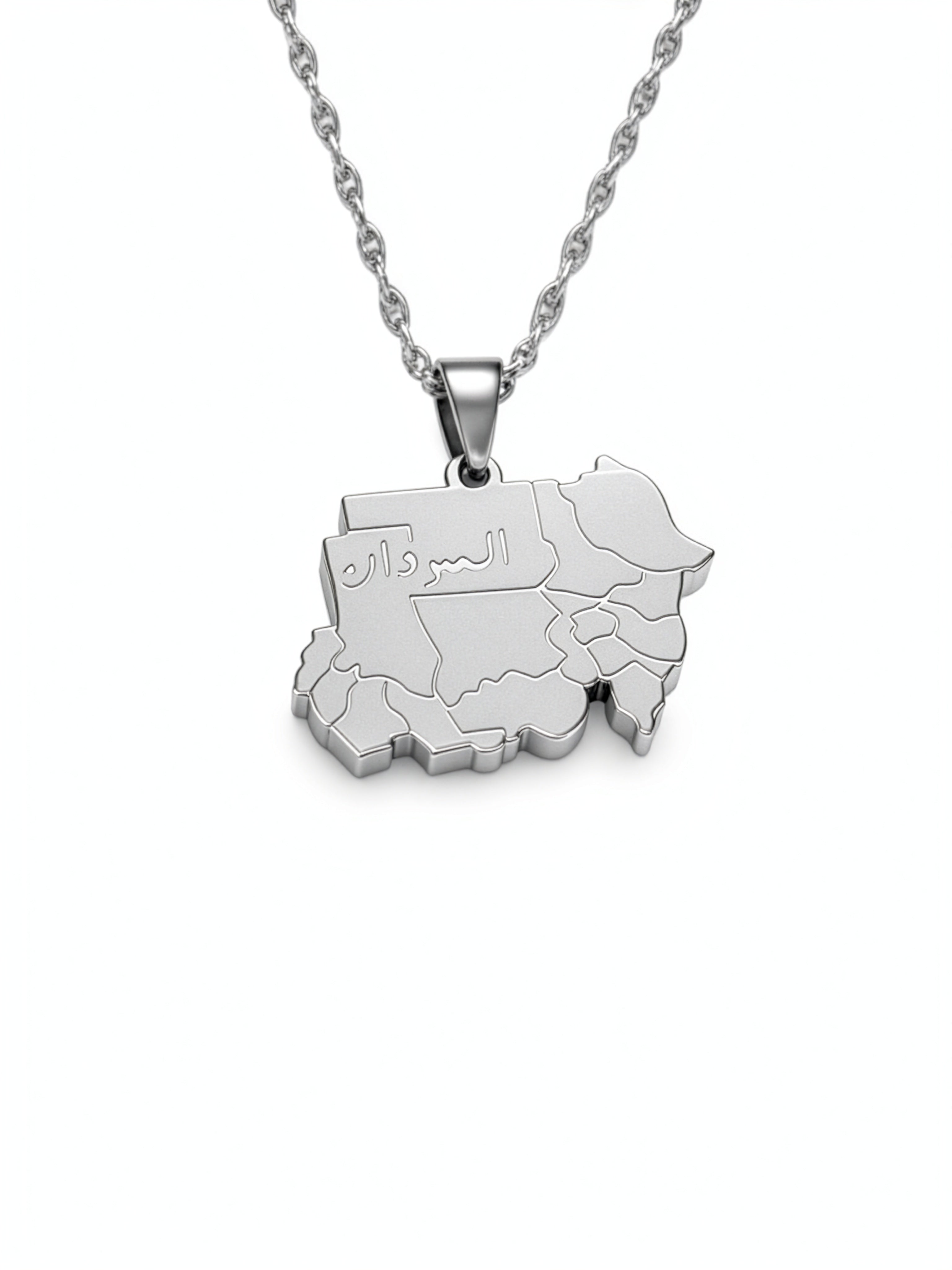 Silver plated Sudan map necklace with Arabic engraving on the pendant hanging from a twisted chain by KIRO UK
