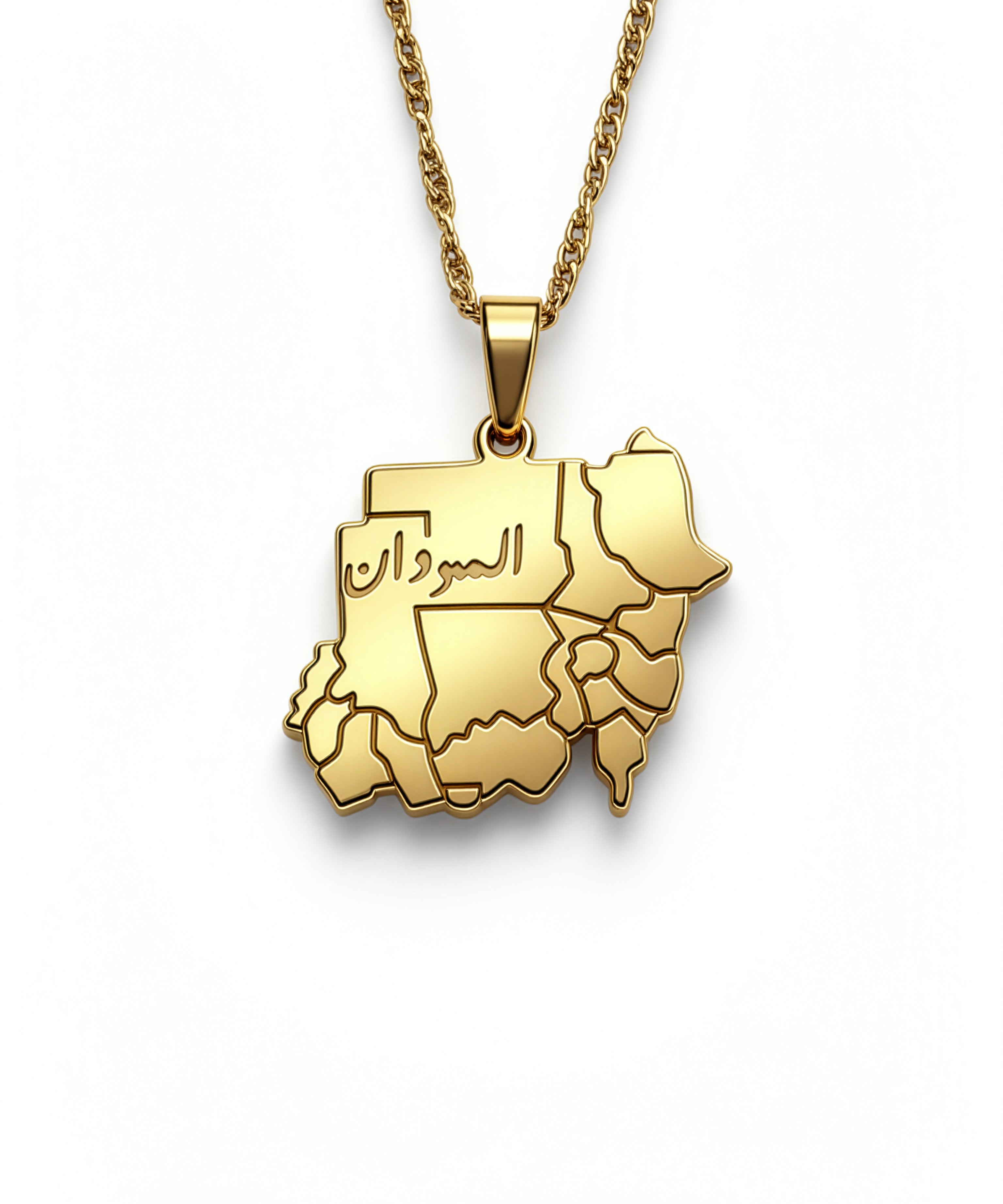 Gold plated Sudan map necklace with Arabic engraving on the pendant and a linked chain by KIRO UK on a white background