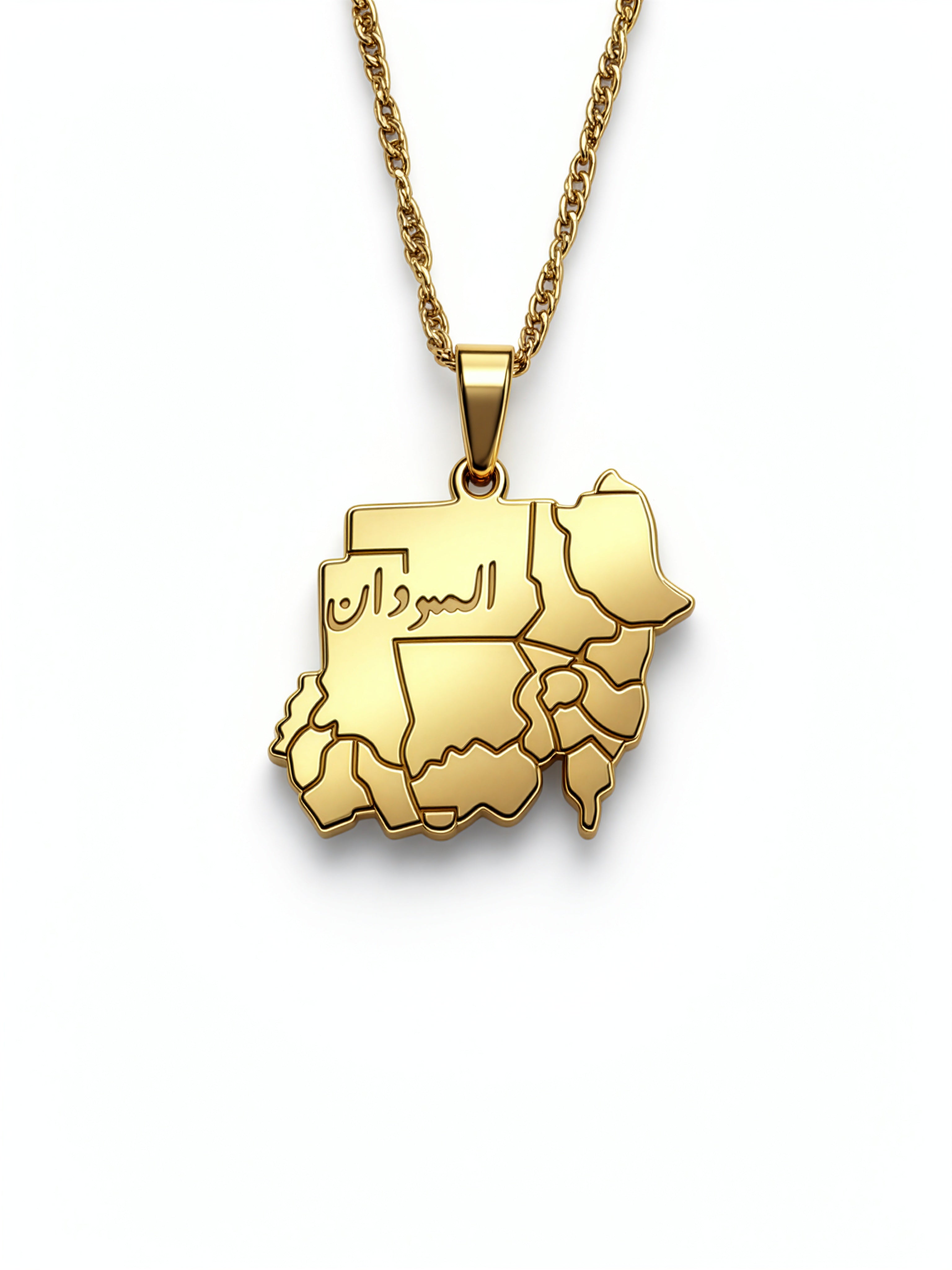 Gold plated Sudan map necklace with Arabic engraving on the pendant and a linked chain by KIRO UK on a white background