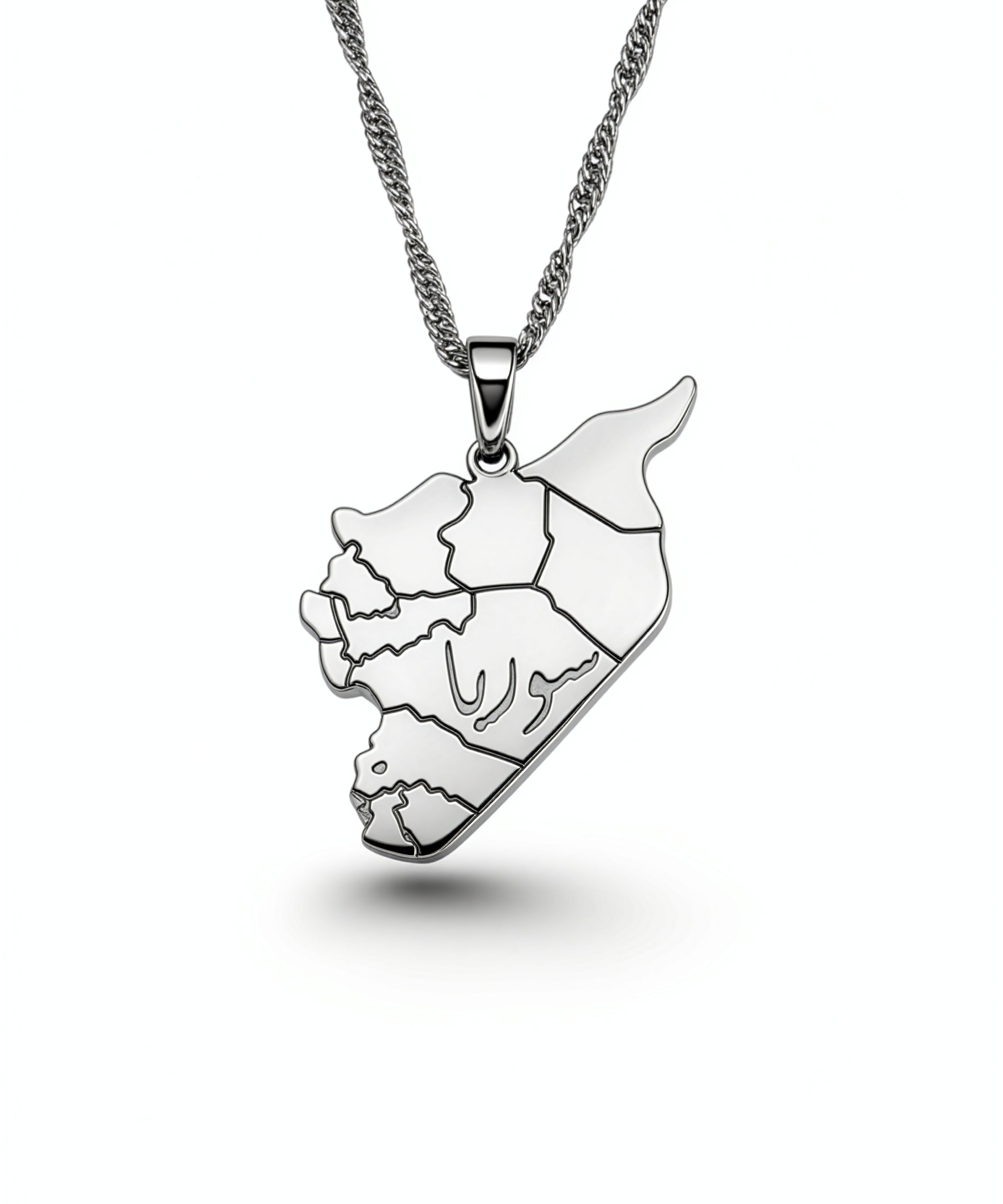Silver Syria map pendant necklace with Arabic engraving on a chain by KIRO UK representing cultural pride and solidarity with Syria