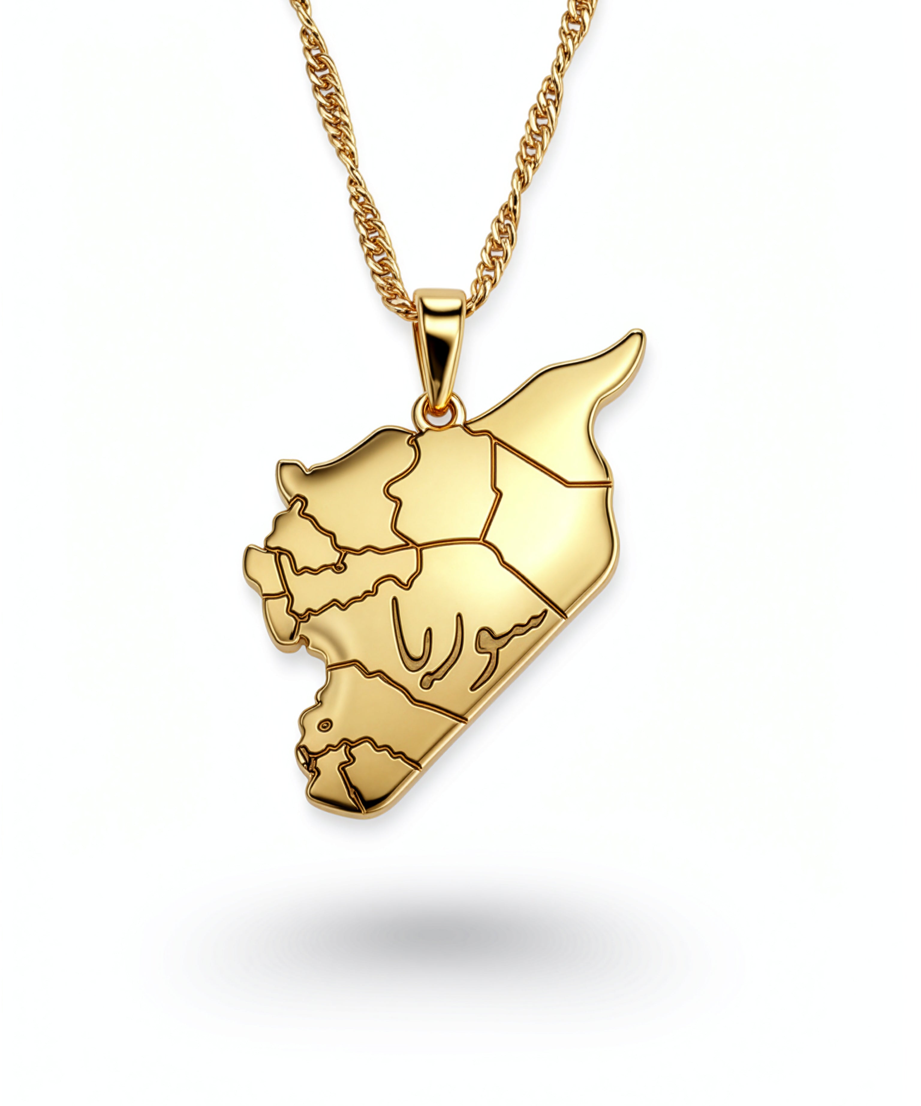 18K Gold Plated Syria map necklace pendant with detailed regional outlines on a gold chain against a white background