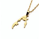 Gold plated Tamil Eelam map pendant necklace with engraved KIRO detail on a gold chain by KIRO UK