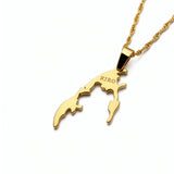 Gold plated Tamil Eelam map pendant necklace with engraved KIRO detail on a gold chain by KIRO UK